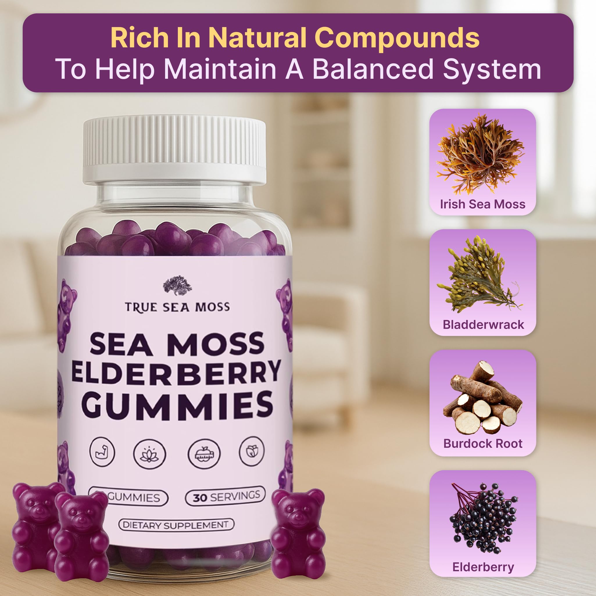 TrueSeaMoss Sea Moss Gummies with Elderberry, Burdock Root and Bladderwrack for Kids and Adults 60pcs