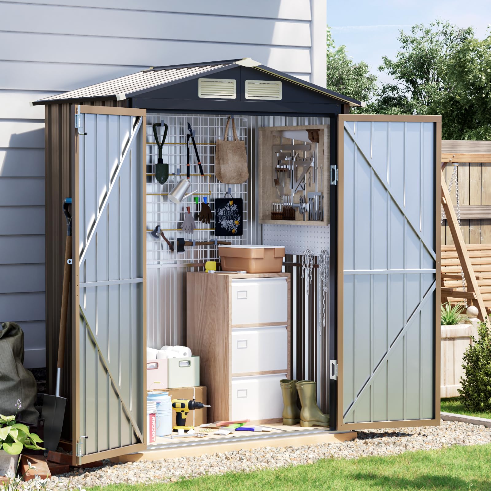 Grovellis 5x3 FT Outdoor Metal Storage Shed with Floor Frame, Double Door, 1 Clear Window, Tool Shed for Garden, Patio, Backyard Brown