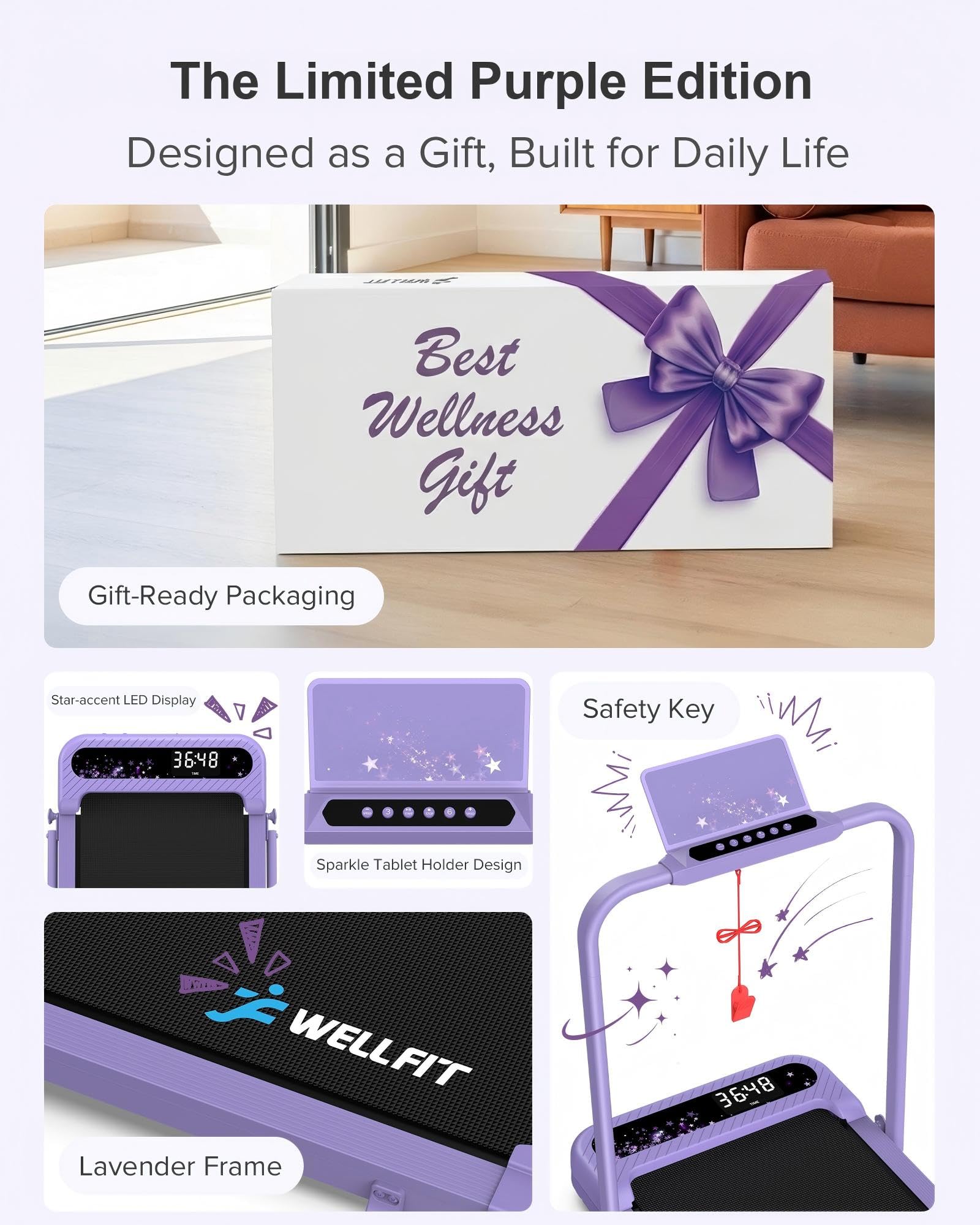 WELLFIT Folding Treadmill with Handlebar, 350 LBS Incline Walking Pad, Quiet Under Desk Treadmill for Home Office, APP & Voice Control, No Assembly Compact Foldable Treadmills, Purple Gift for Women