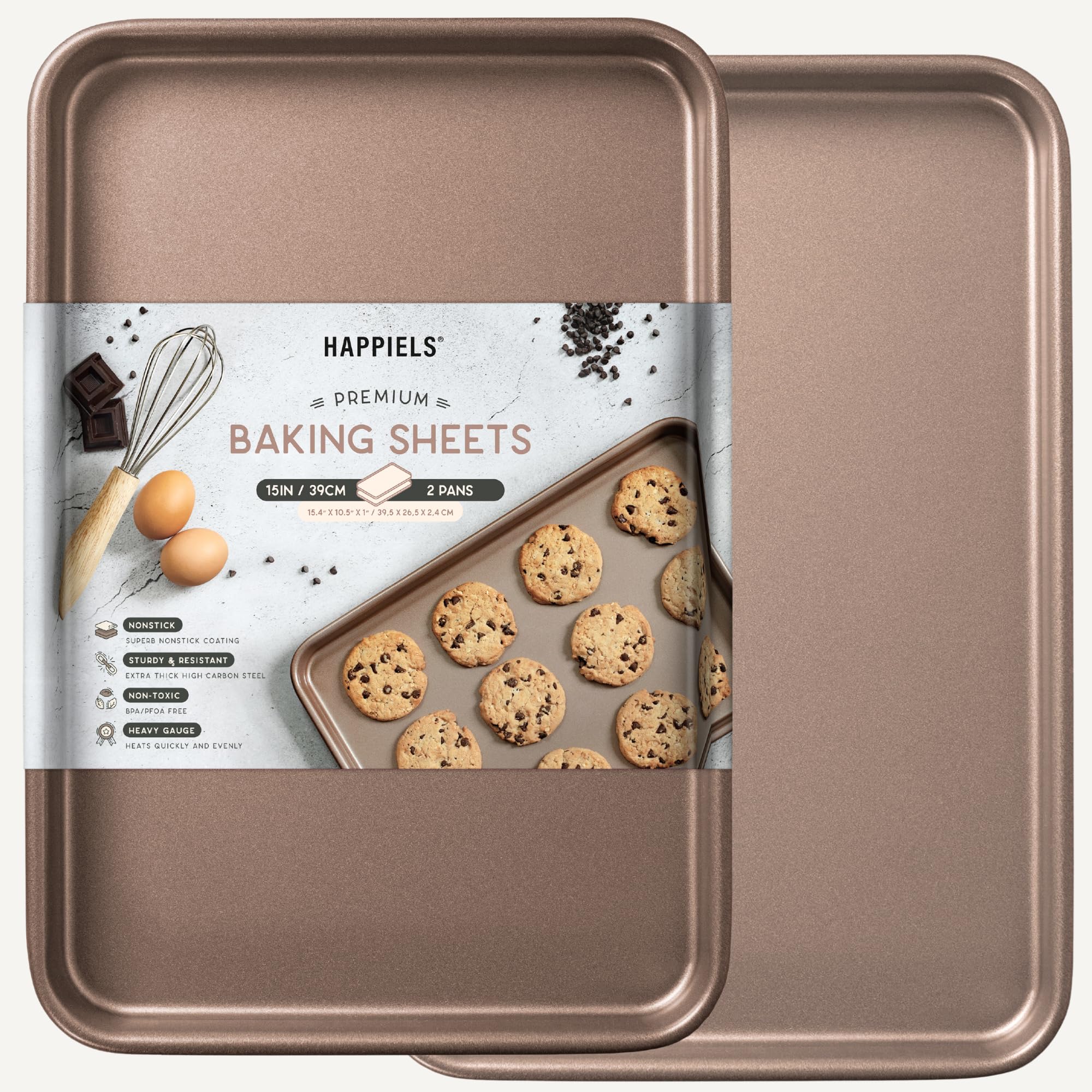 HAPPIELS Nonstick Baking Sheet Set of 2 | PFOA & BPA Free Non Toxic Carbon Steel Cookie Sheets | Best Non Stick Oven Cooking Pans & Jelly Roll Pan | Best Nontoxic Baking Trays 15x10 Inch