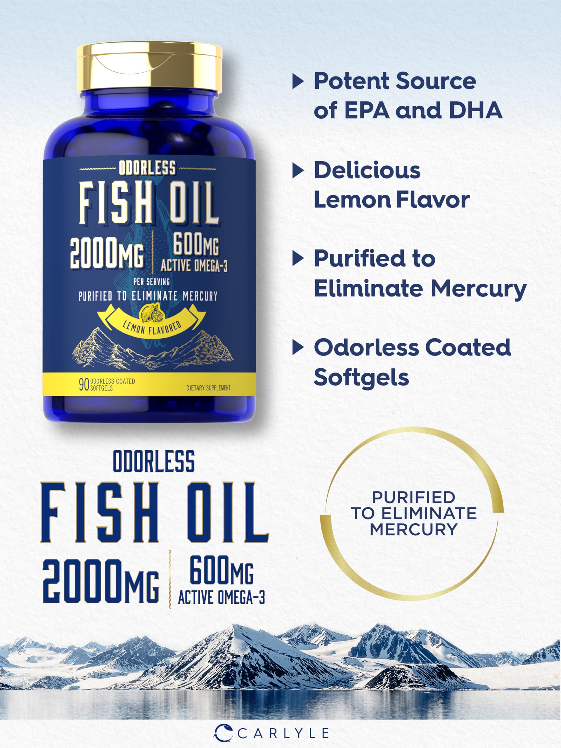 Carlyle Fish Oil 2000mg | 600mg Omega 3 Supplement for Men & Women | 90 Odorless Softgels | Lemon Flavored | Non-GMO and Gluten Free