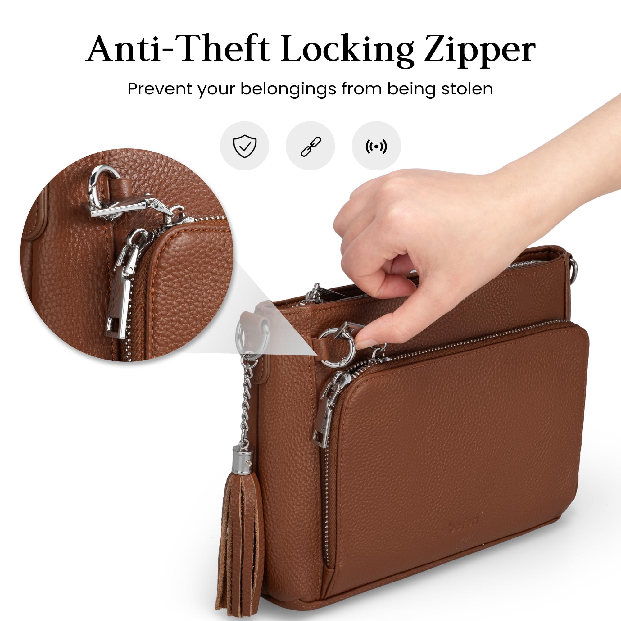 befen Genuine Leather Crossbody Bags for Women, Brown Leather Purse with Built in Wallet, RFID Blocking Anti Theft Crossbody Bags for Women, Travel Purse with Removable and Adjustable Strap