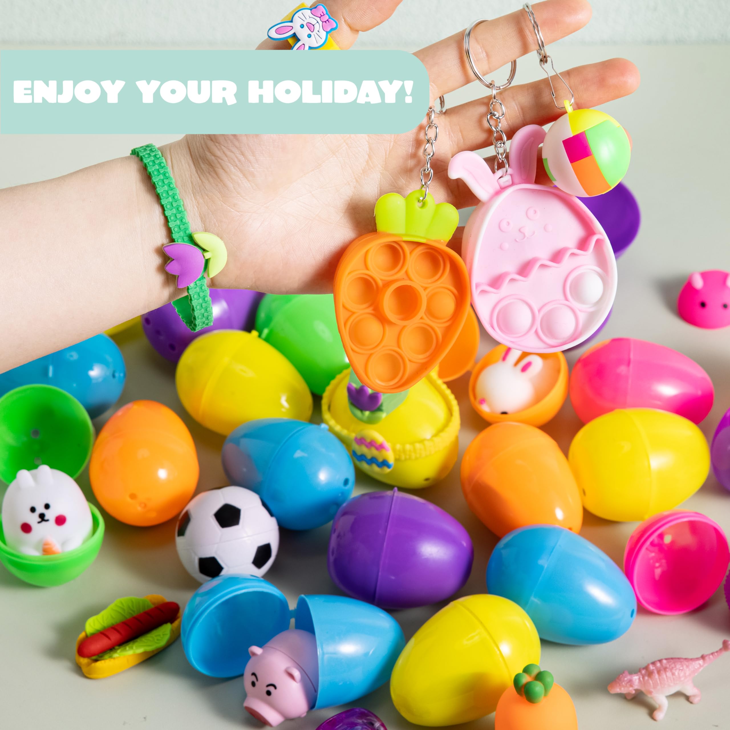 JOYIN 100 PCS Prefilled Easter Eggs with Assorted Toys Plus Stickers Inside, Plastic Eggs for Kids Hunt, Basket Stuffers Fillers, Party Favors, Classroom Prize Supplies