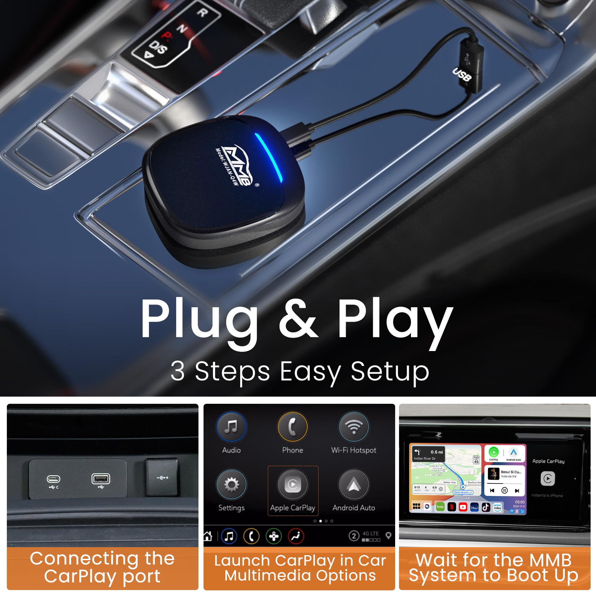 MMB MAX 5.0 CarPlay Box 2024 Newest Android 13.0 Multimedia Video Ai Box, QCM 6225 8-Core 8+128GB Online YouTube/Netflix/Google Store, Support SIM&TF Card Wireless CarPlay & Android Auto Adapter