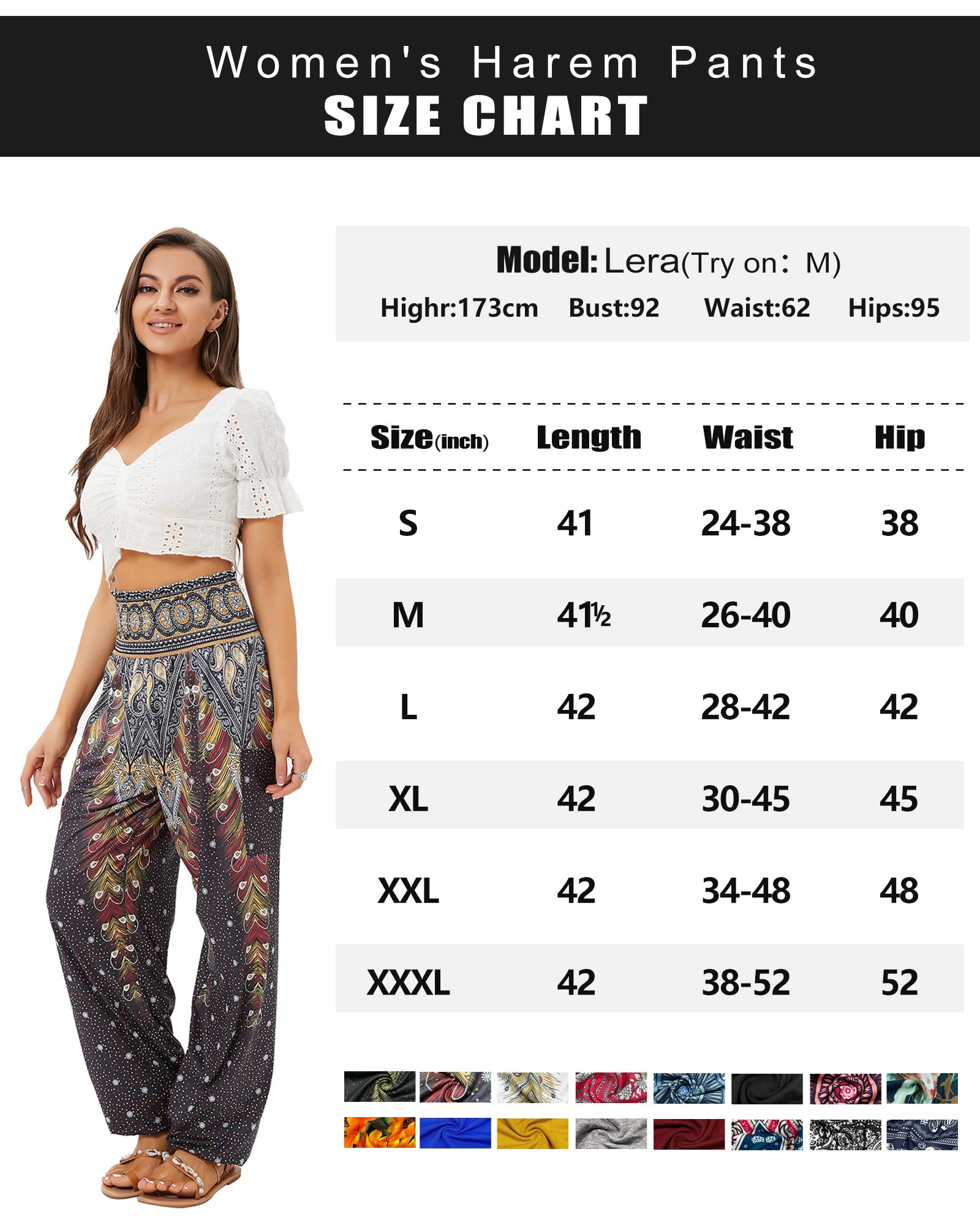 QIANXIZHAN Women's Harem Pants, High Waist Yoga Boho Trousers with Pockets Black Flower S