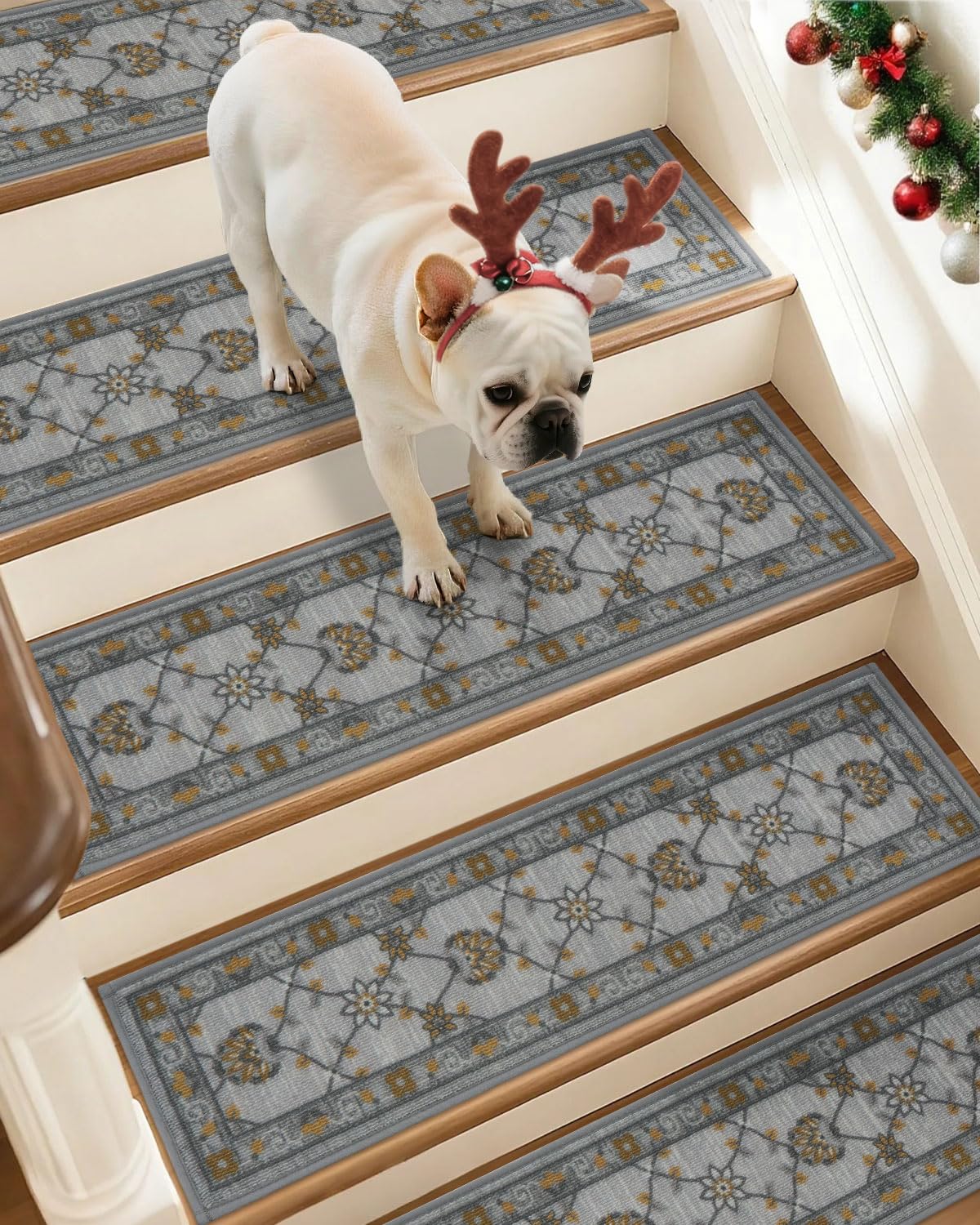 JSEI Stair Treads for Wooden Steps, 15 Pack 8" X 30" Non-Slip Machine Washable Carpet Stair Treads with TPE Backing, Soft Indoor Stair Rug Runner for Kids Elders & Pets, 100% Polyester, Grey/Orange