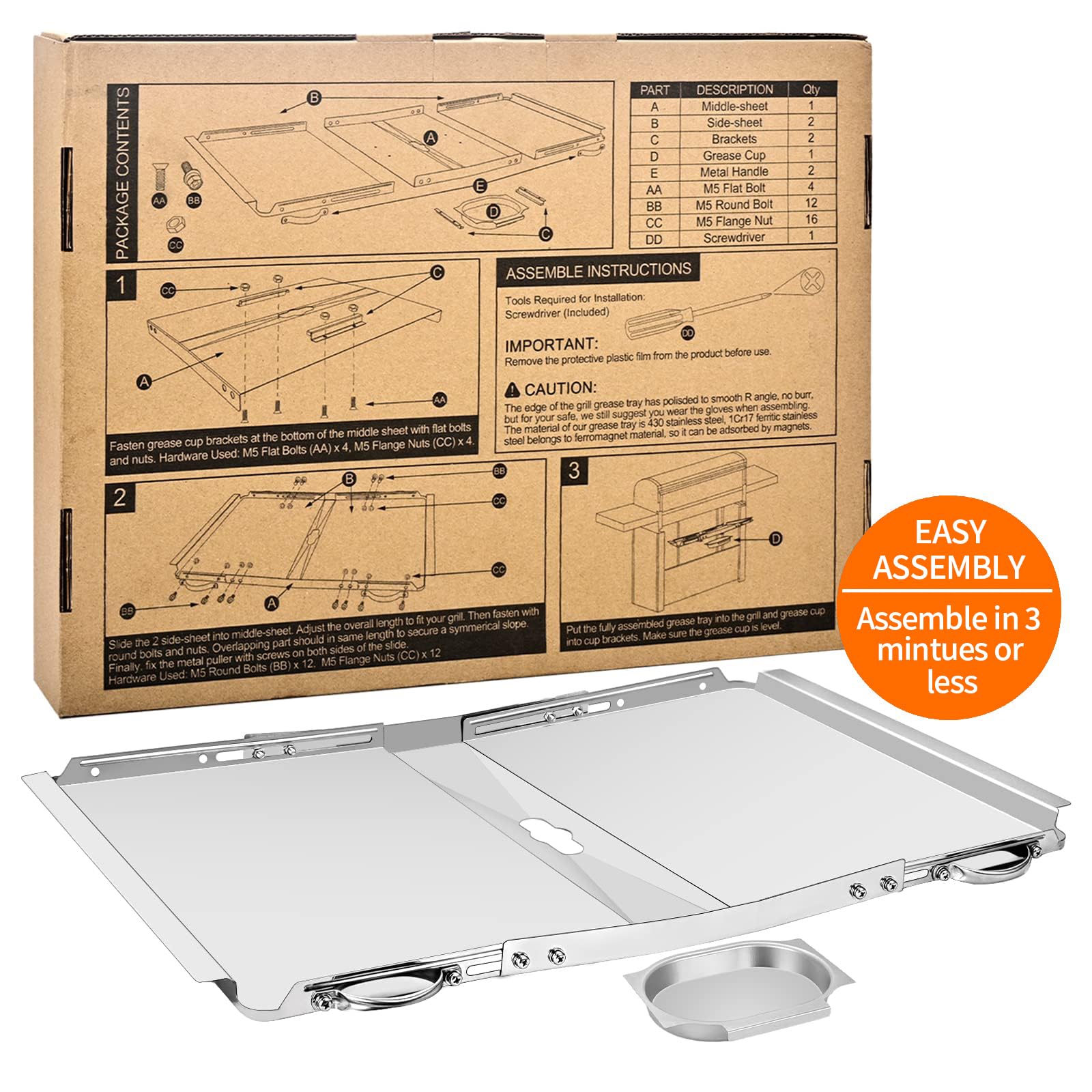 Copiu Grill Grease Tray with Catch Pan, 24"-30" Adjustable Grill Replacement Parts Stainless Steel Outdoor BBQ Drip Pan for Dyna Glo, Nexgrill, Expert Grill, Kenmore, BHG, Backyard, Uniflame and More