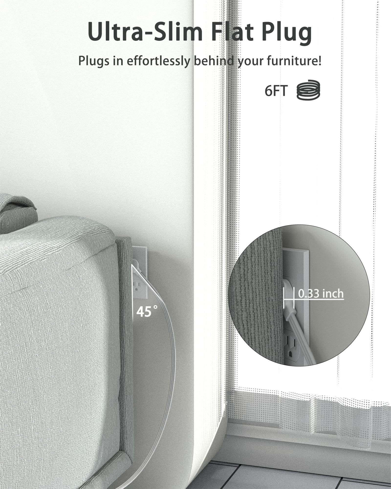 6 FT Flat Plug Extension Cord Surge Protector, Power Strip with 9 Outlets Extender and 4 USB Ports (2 USB-C), 2100 Joules, Wall Mount, Desk Charging Station for Home, Office, Travel, White