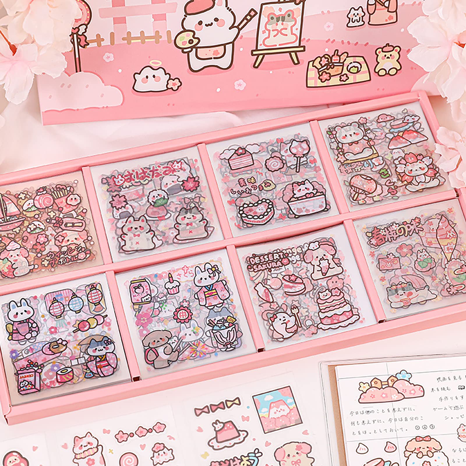 Doraking Waterproof Vinyl Transparent Flower Stickers, Kawaii Stickers for Notebook Laptop Scrapbook Journaling, 200 Sheets Cartoon Cute Stickers Boxed Gifts for Kids Teens Girls Boys