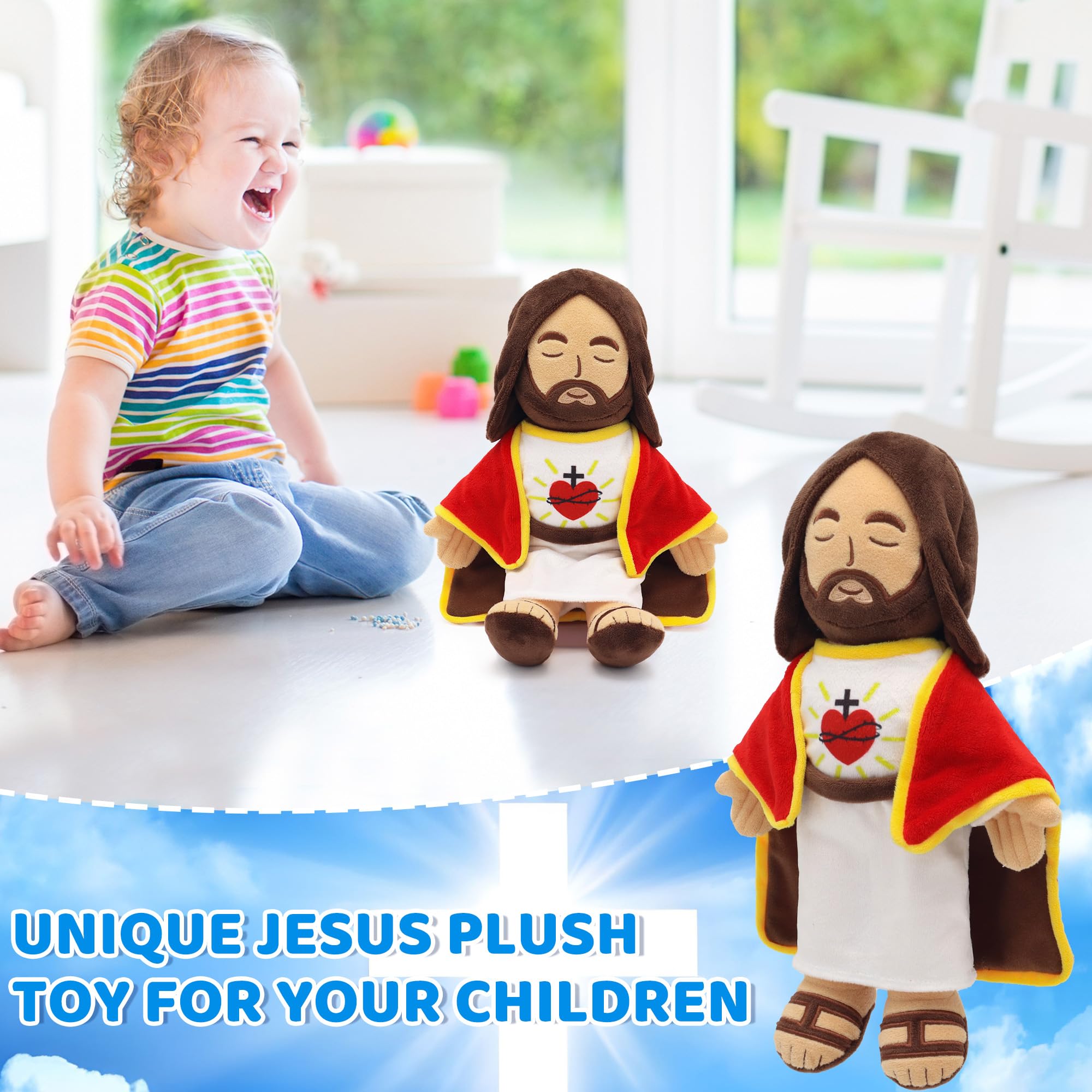 Yelakey 13.4" Jesus Plush Doll for Kids Jesus Plushie with Red Gold-Trimmed Shawl Christian Religious Gift Decoration for Christening Easter (Brown)