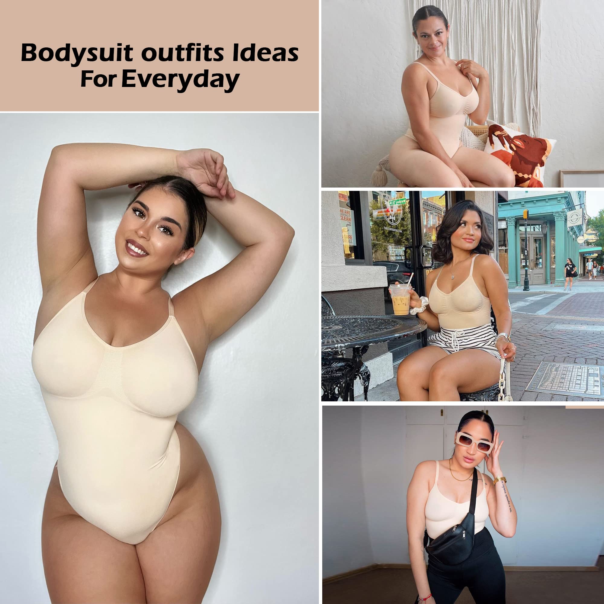 SHAPERX Women's Shapewear Bodysuit Tummy Control Body Shaper Seamless Sculpting Snatched Waist Body Suit,SZ5215-Beige-L/XL