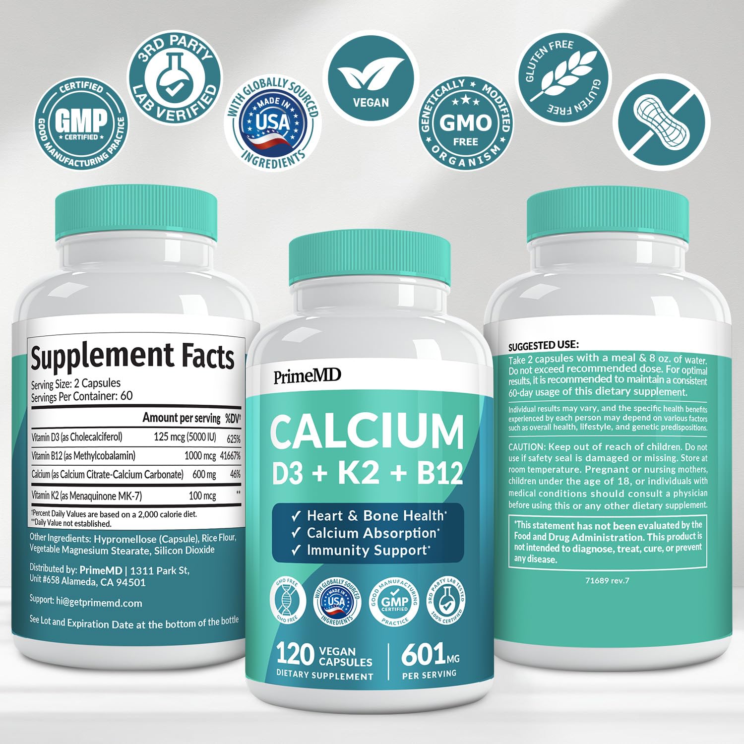 4-in-1 Calcium Supplements for Women and Men - Calcium with Vitamin D3 K2 5000 IU Supplement, 601mg per Serving - Gluten-Free, Vegan-Friendly (120 ct)