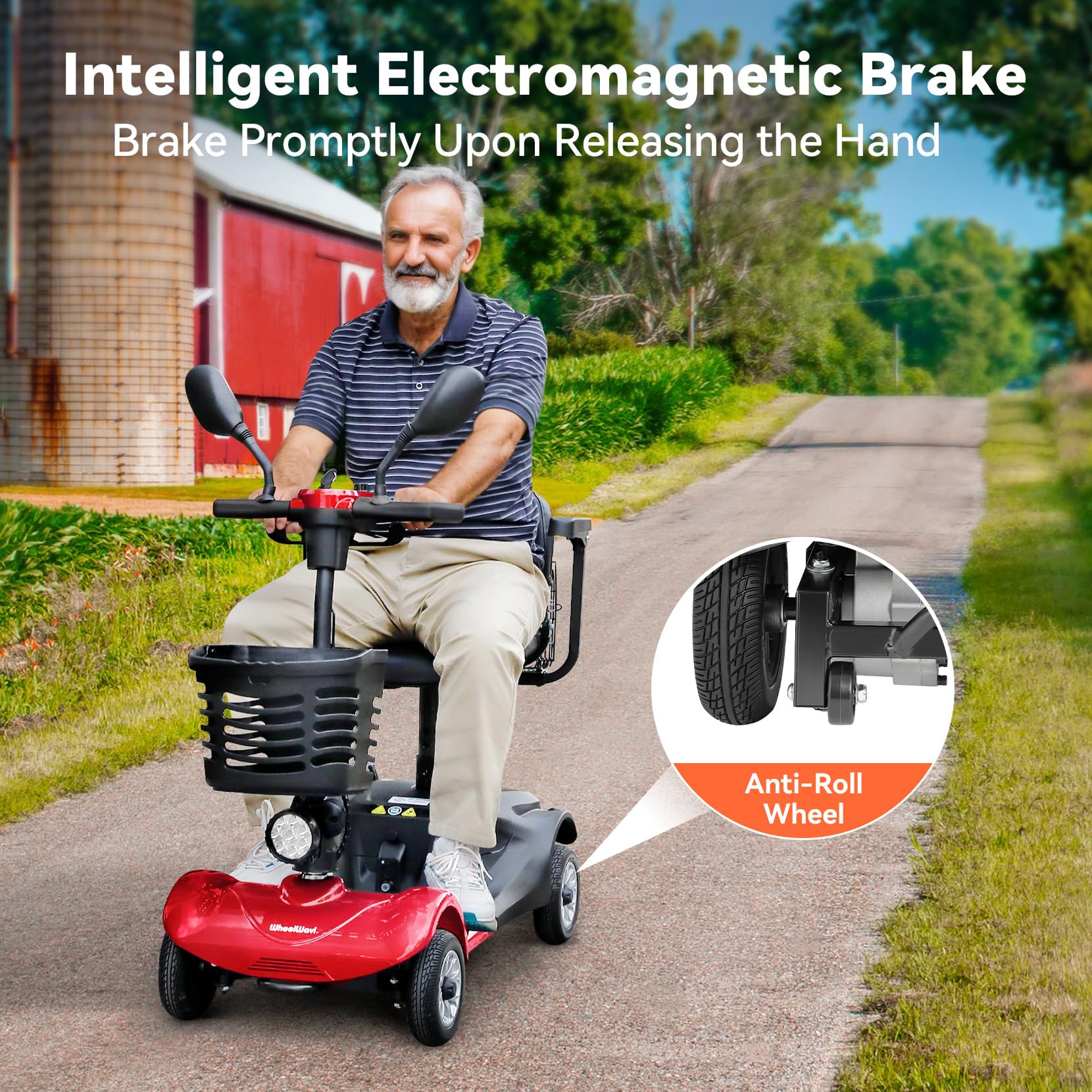 WheelWavi Powered Mobility Scooters, 15miles 4-Wheel Foldable Electric Scooter for Seniors & Adults – Heavy Duty Travel Model with Long-Lasting Battery, Front Basket, and LED Lights (Red)