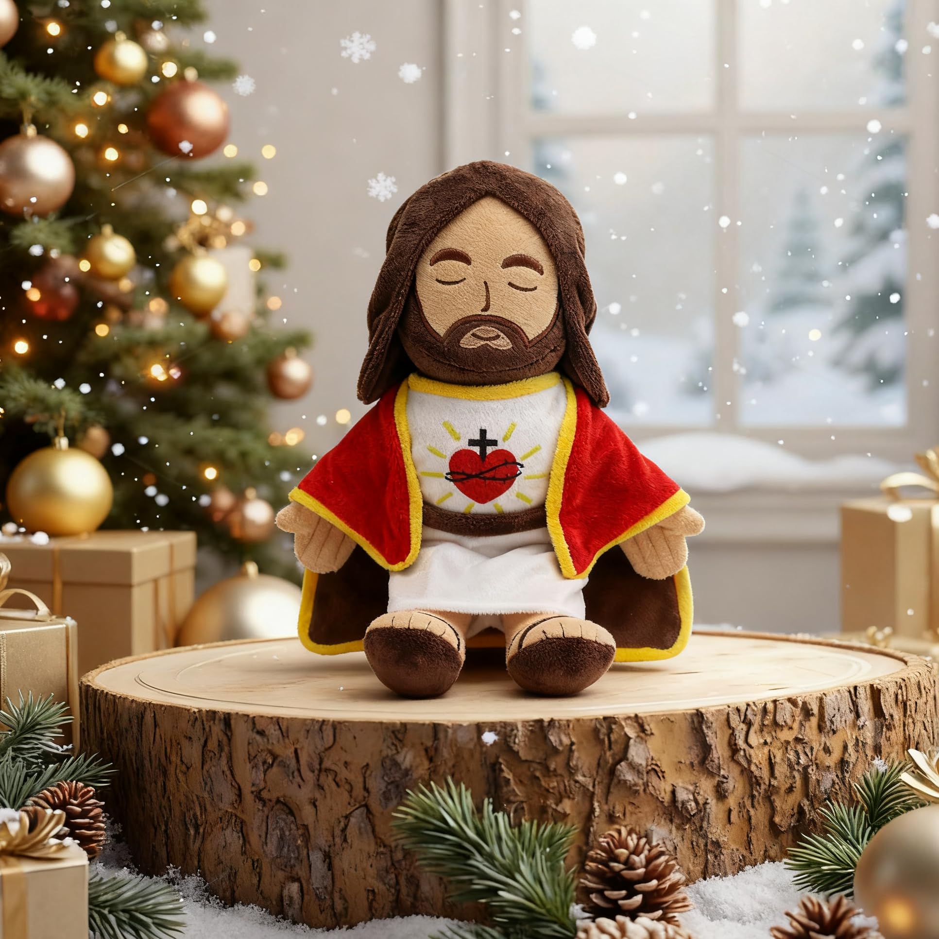 Yelakey 13.4" Jesus Plush Doll for Kids Jesus Plushie with Red Gold-Trimmed Shawl Christian Religious Gift Decoration for Christening Easter (Brown)