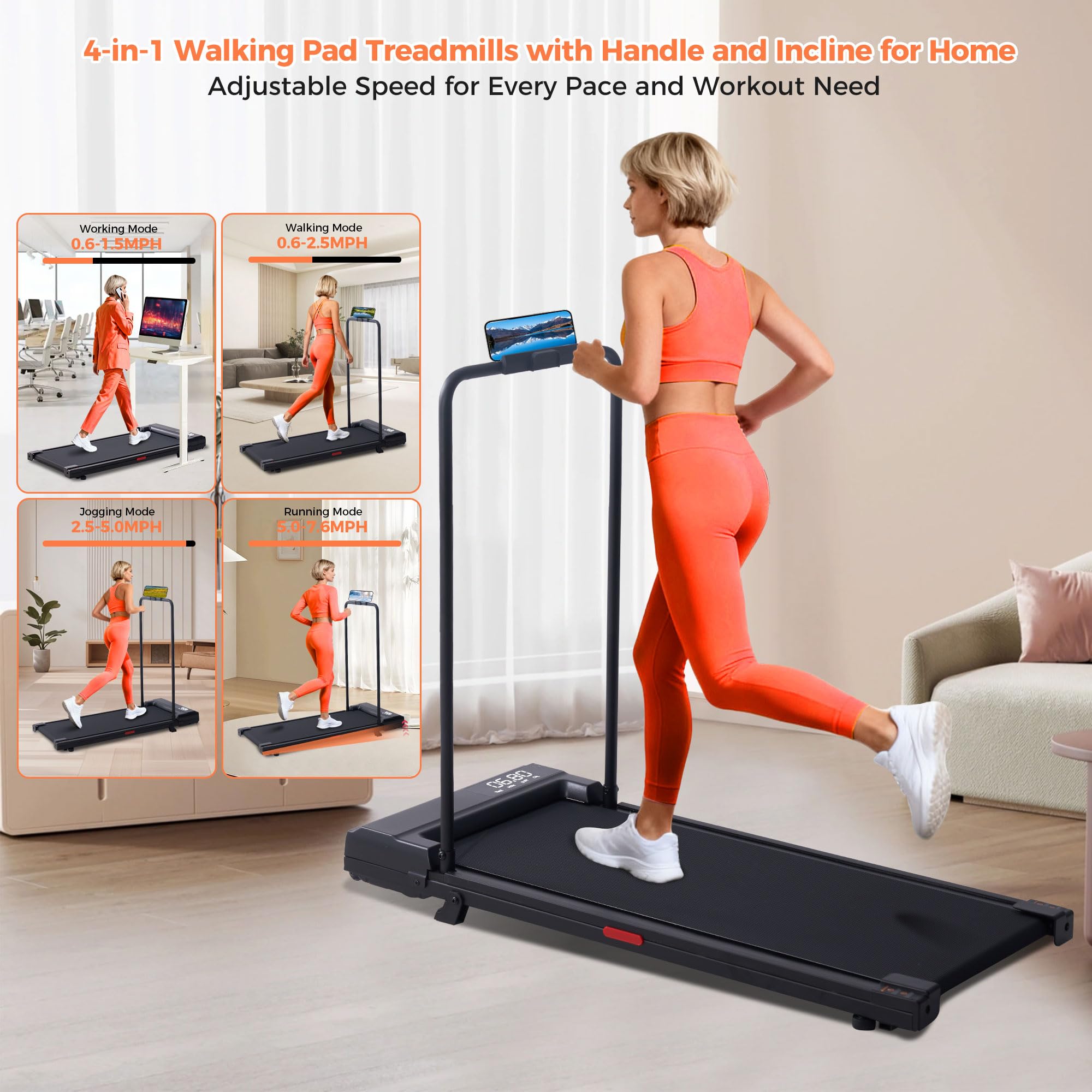 SUOUER Walking Pad with Incline and Handle Bar, Compact Portable Walking Pad Treadmills for Home/Apartment with Handles,3.0HP Small Electric Treadmill with Incline for Small Space, 0.6-7.6MPH, 350LBS