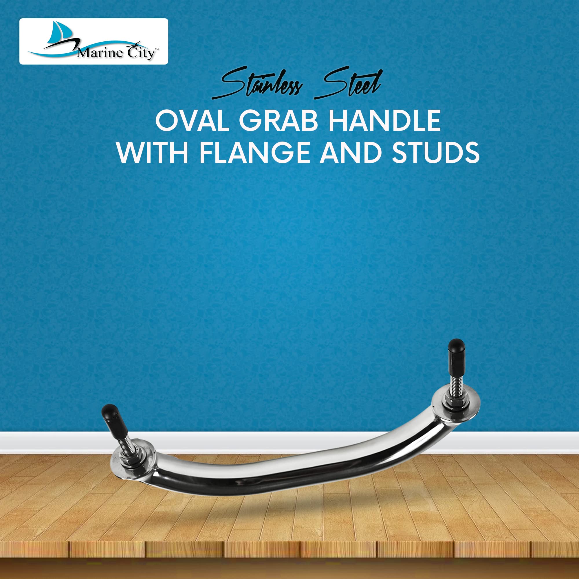 MARINE CITY Stainless Steel Oval Marine Grab Handle/Handrail with Flange and Studs for Boats – Ships – Yachts – Kayaks (8 Inches)