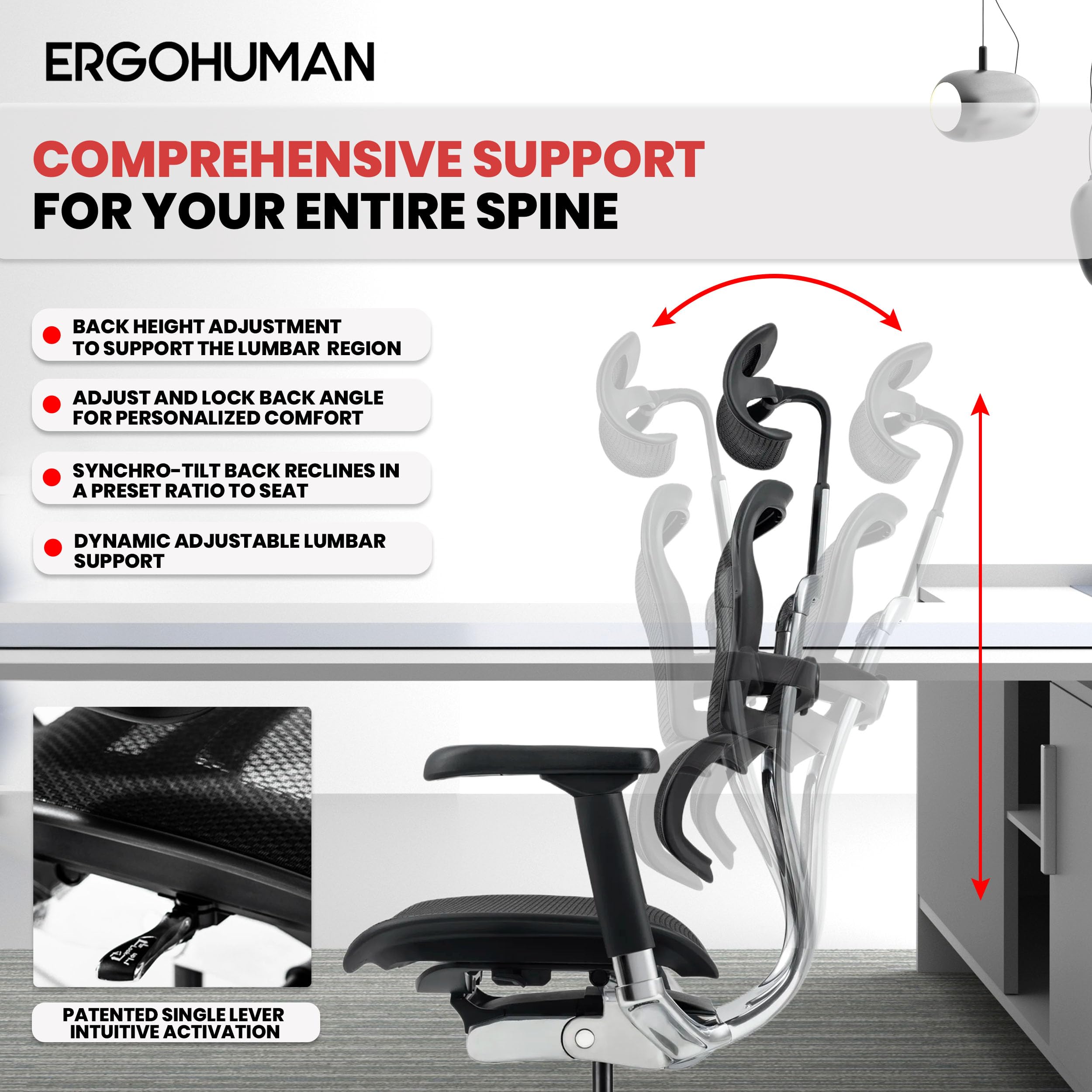 Ergohuman Eurotech GEN2 – High Back Black Mesh Office Chair with Adjustable and Flexible Lumbar Support – Headrest, Seat Slider, Armrests, and Height Adjustment