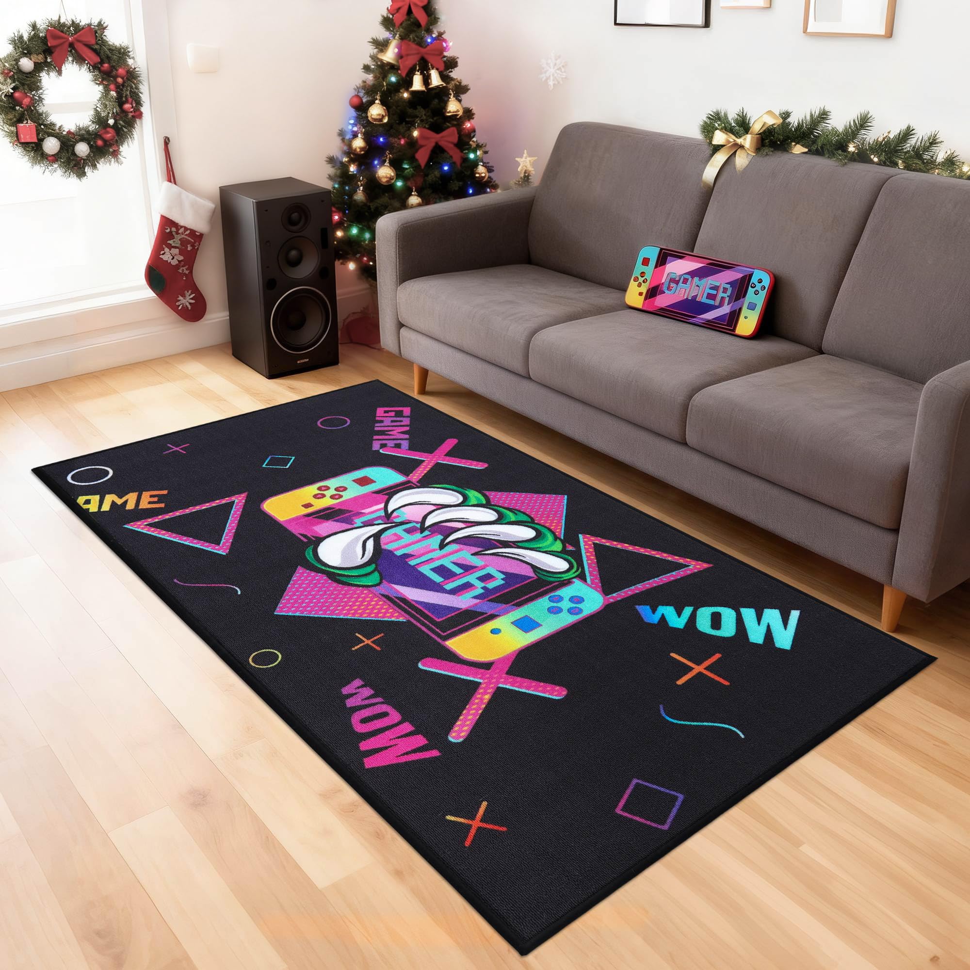 JSEI Gaming Rug for Kids Teens 32"x60" Machine Washable, Video Game Kids Rug with Paw and Controller Pattern, Non-Slip Gaming Floor Carpet Mat for Playroom, Living Room&Bedroom, Black