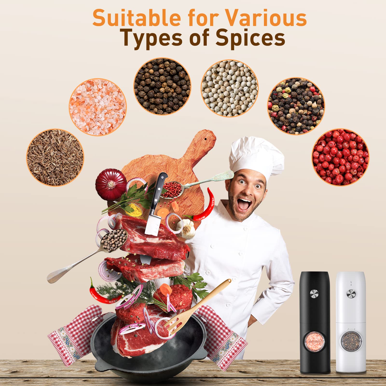 Electric Salt and Pepper Grinder Set, USB Rechargeable Kitchen Gadgets-Automatic Salt and Pepper Mill with Adjustable Coarseness, One-Hand Operation Built-in LED Light, Type-C Charging - 2 Pack