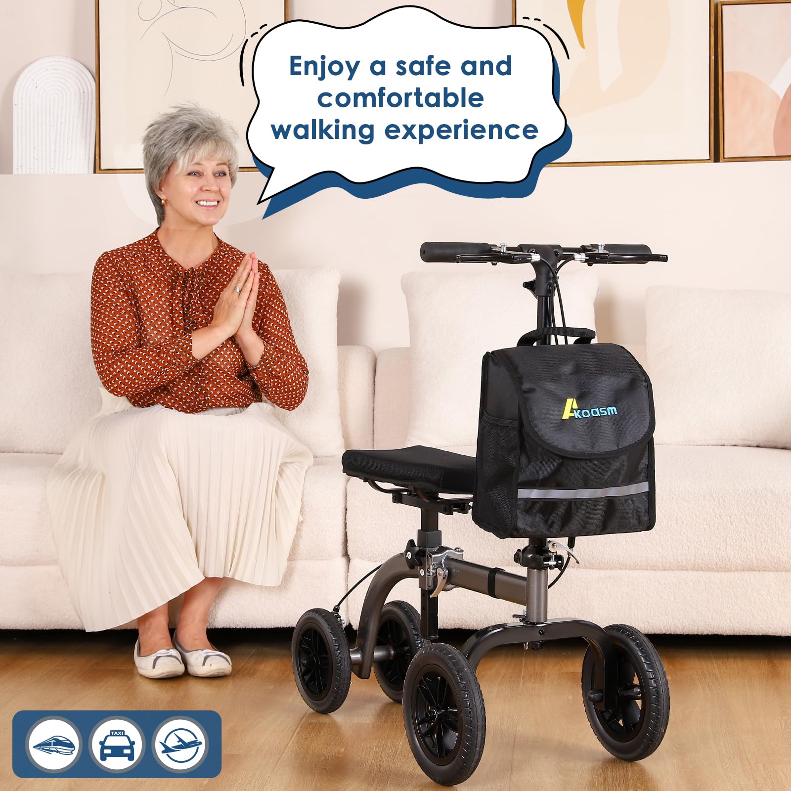 Akoasm Collapsible All Terrain Knee Scooter for Adults for Foot Surgery, Adjustable Knee Walker Cart with Basket, Alternative to Crutches for Broken Leg Ankle Injuries, Dual Brakes, Grey