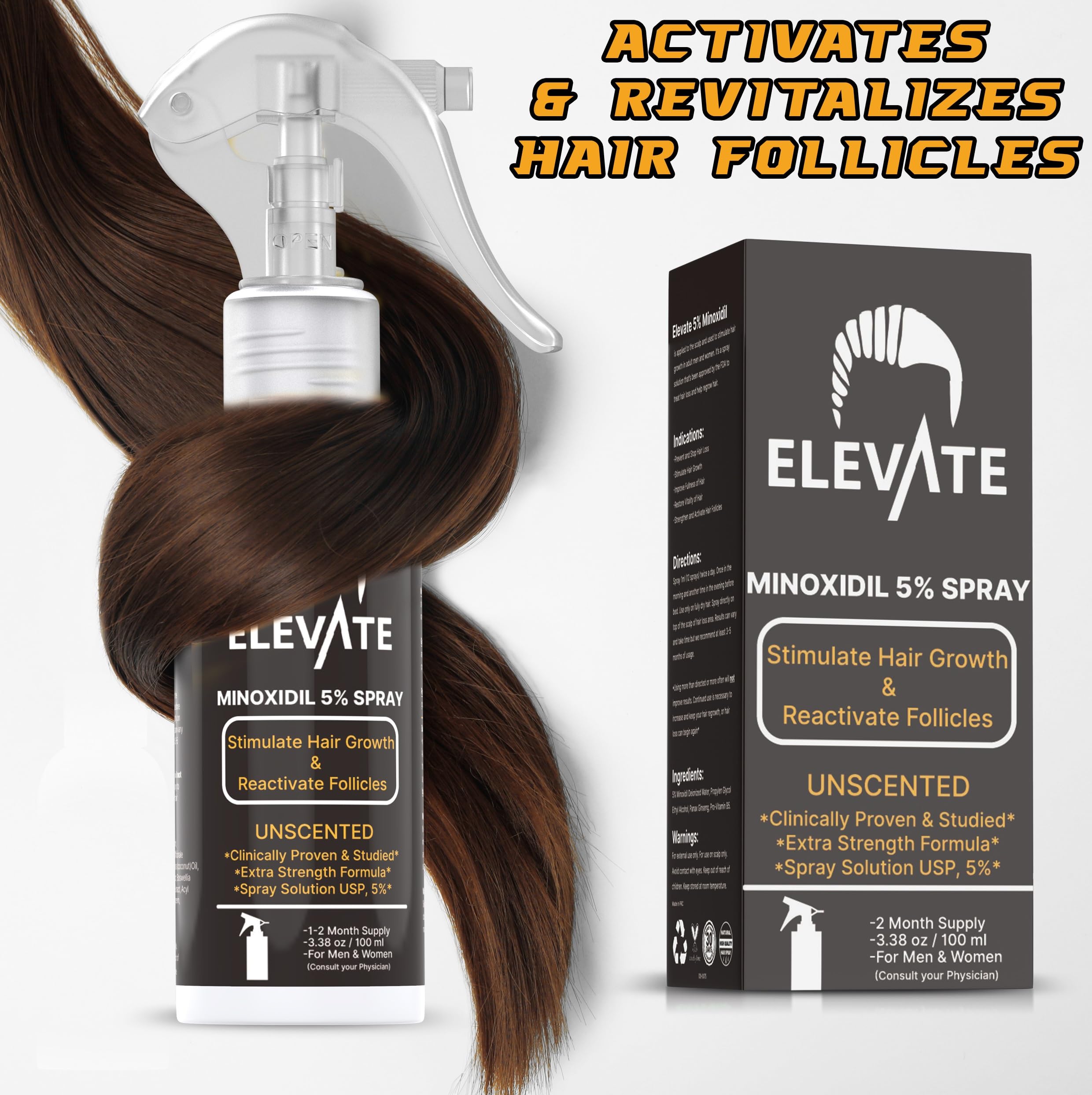 Elevate Hair Regrowth Treatment 5% Minoxidil Spray - Extra Strength Formula Professional Treatment for Hair Loss and Thinning for Regrowth - Stimulate Follicles for Men and Women 1 Month Supply