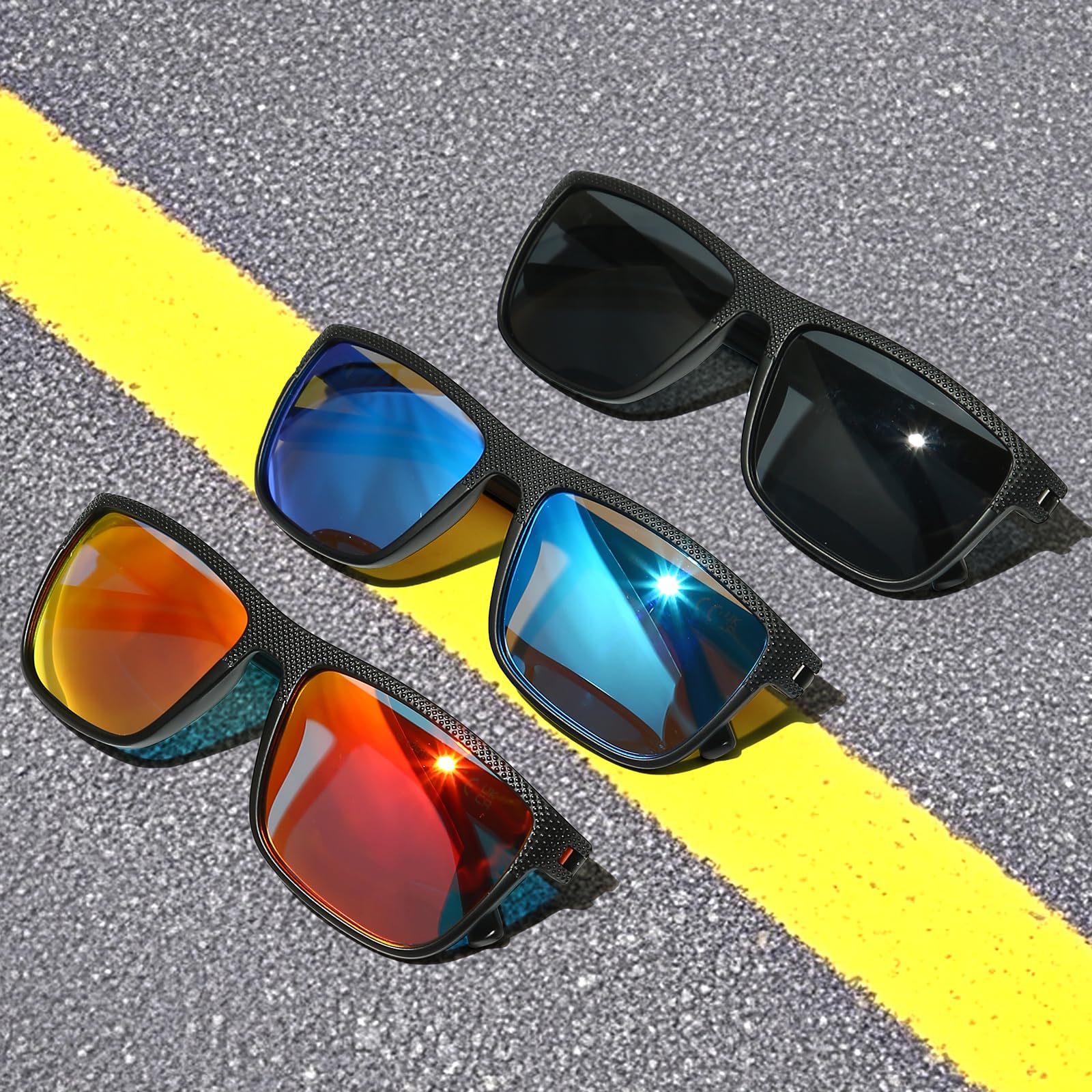MASDUN Polarized Sunglasses for Men and Women Square Sun glasses UV Protection For Driving Fishing Golf (3 Pack) (Black/Red/Blue)