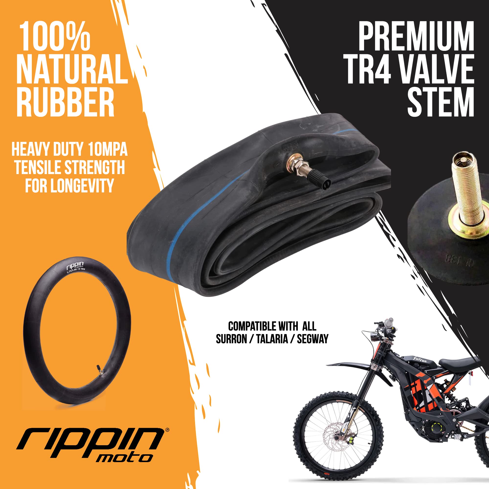 Rippin Moto 70/100-19 (2.75/3.00-19) Performance Duty 2mm Thick Natural Rubber Motorcycle Inner Tube – TR4 Valve Stem, Fits 80/100-19 Dirt Bike & E-Moto Tires for Sur Ron, Talaria & Segway