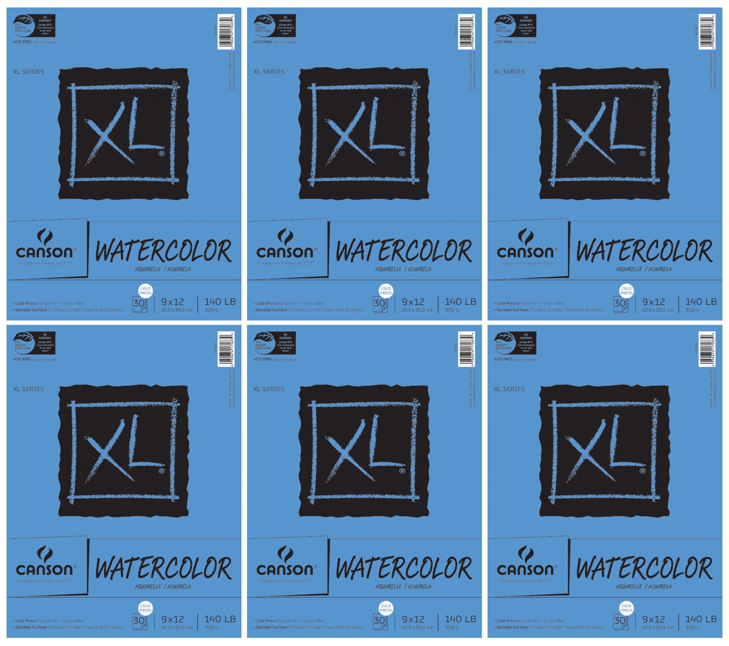 6-Pack Bundle - Canson XL Series Watercolor Textured Paper Pad for Paint, Pencil, Ink, Charcoal, Pastel, and Acrylic, Fold Over, 140 Pound, 9 x 12 Inch, 30 Sheets