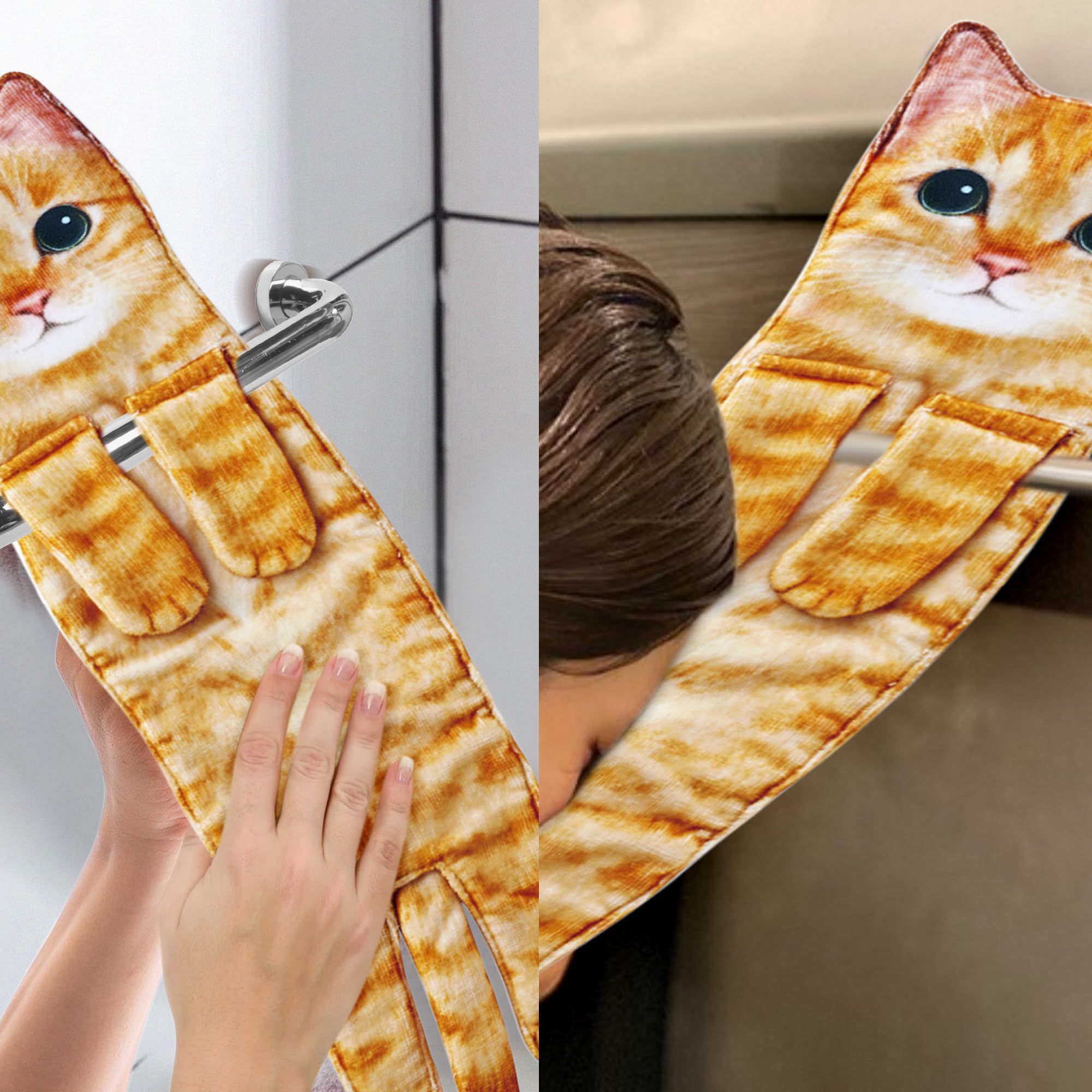 Cat Funny Hand Towels for Bathroom Kitchen - Cute Decorative Cat Decor Hanging Washcloths Face Towels Super Absorbent Soft - Valentine Housewarming Birthday Gift for Women Cat Lovers - Orange