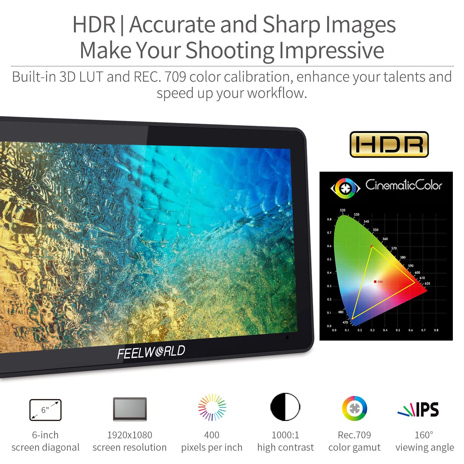 FEELWORLD F6 Plus V2 6 inch DSLR Camera Field Touch Screen Monitor with HDR 3D Lut Small Full HD 1920x1080 IPS Video Peaking Focus Assist 4K HDMI 8.4V DC Input Output Include Tilt Arm