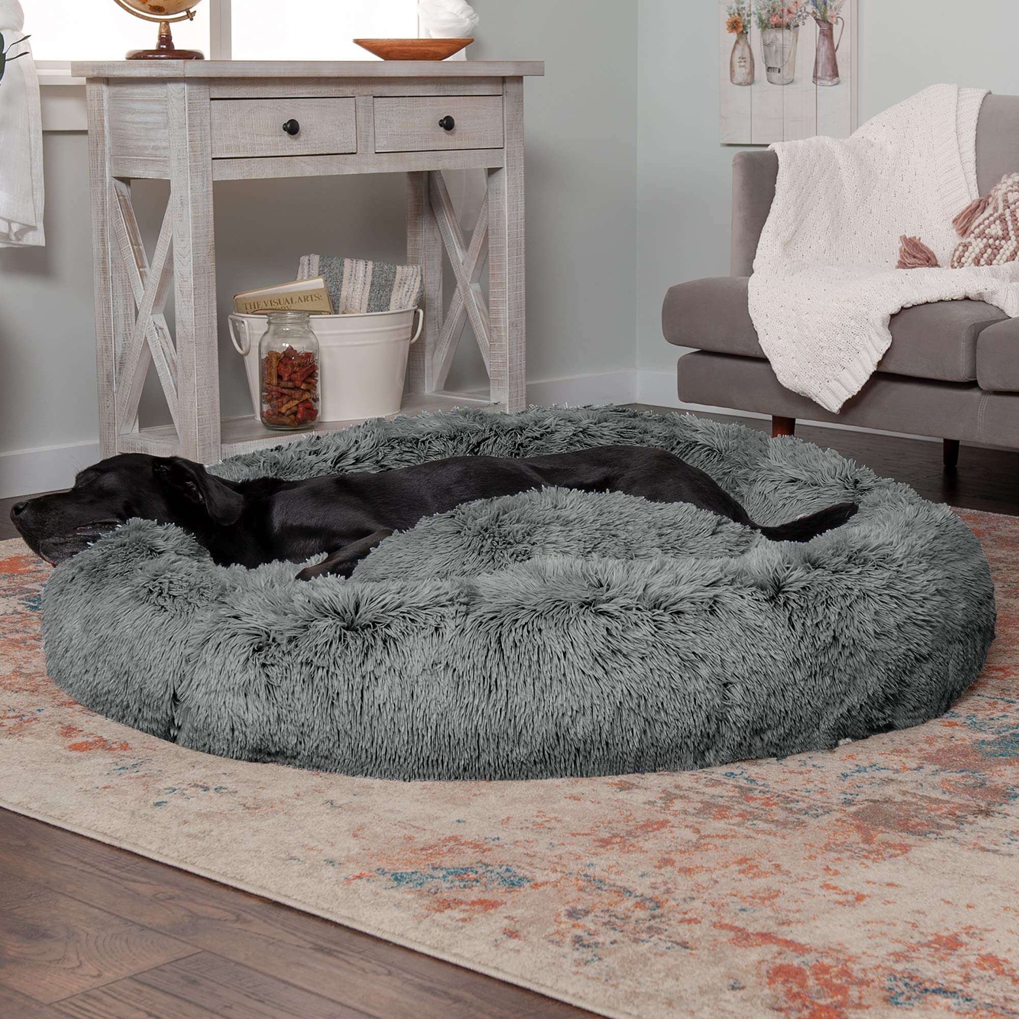 Furhaven 45" Round Calming Donut Dog Bed for Large Dogs, Refillable w/ Removable Washable Cover, For Dogs Up to 90 lbs - Shaggy Plush Long Faux Fur Donut Bed - Gray, Jumbo/XL