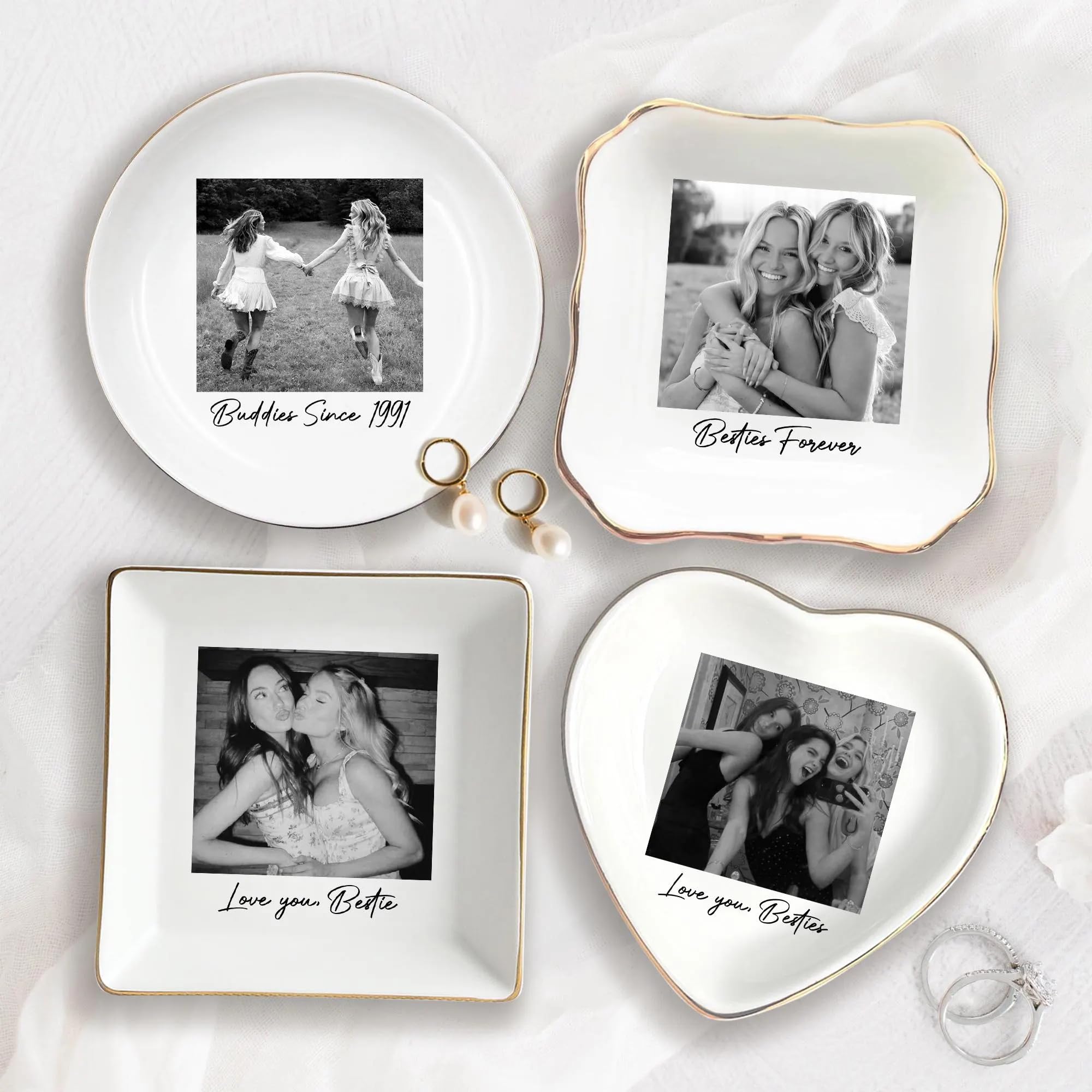 POPPOP Personalized Bestie Photo Jewelry Dish, Custom Ceramic Trinket Tray for Best Friend or Sister, Friendship Gift for Women, Birthday Christmas Keepsake for BFF