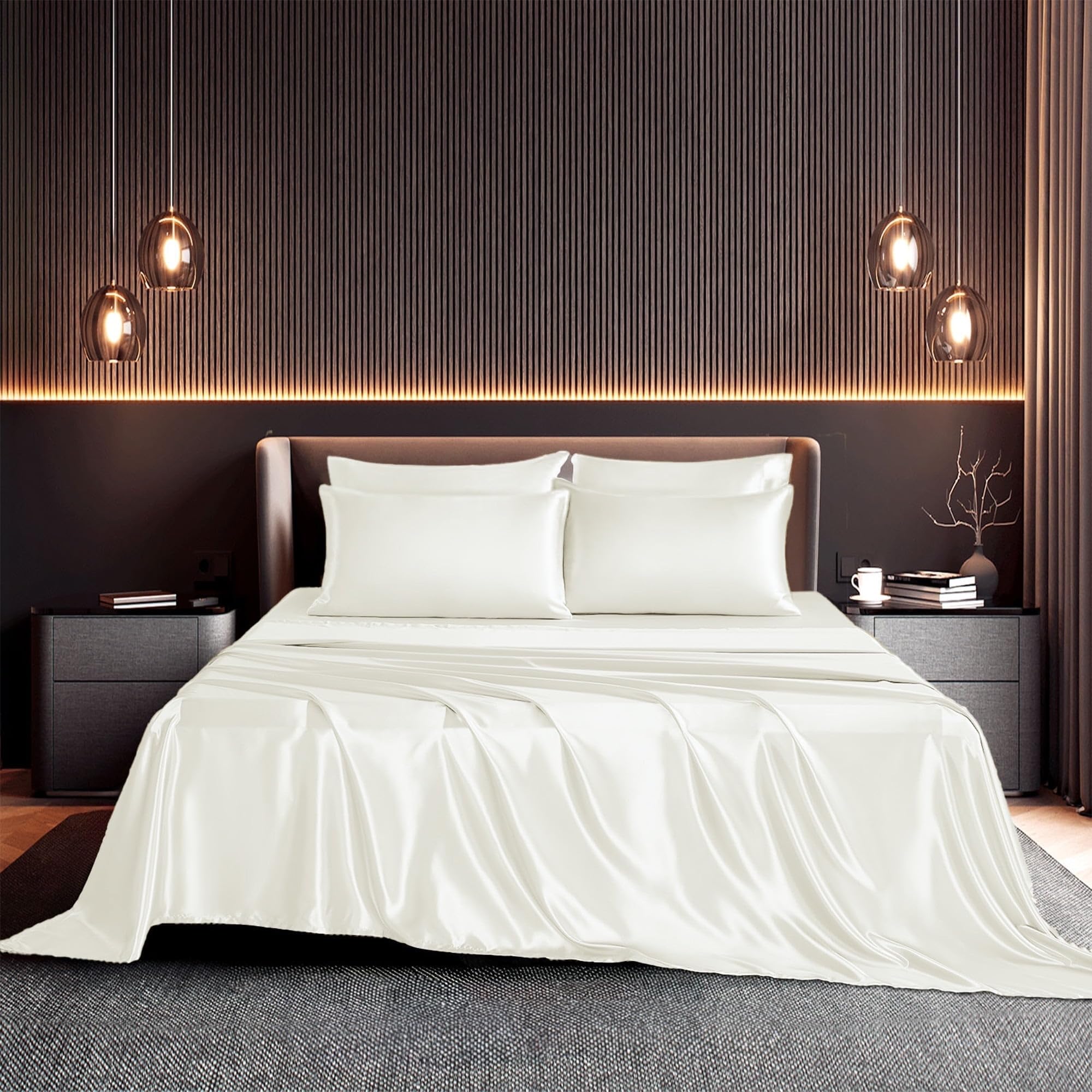 Seasonwood Satin Sheet Set Full Size Sheets Soft 1800 Microfiber 4 Pieces with 2 Pillowcase Ivory