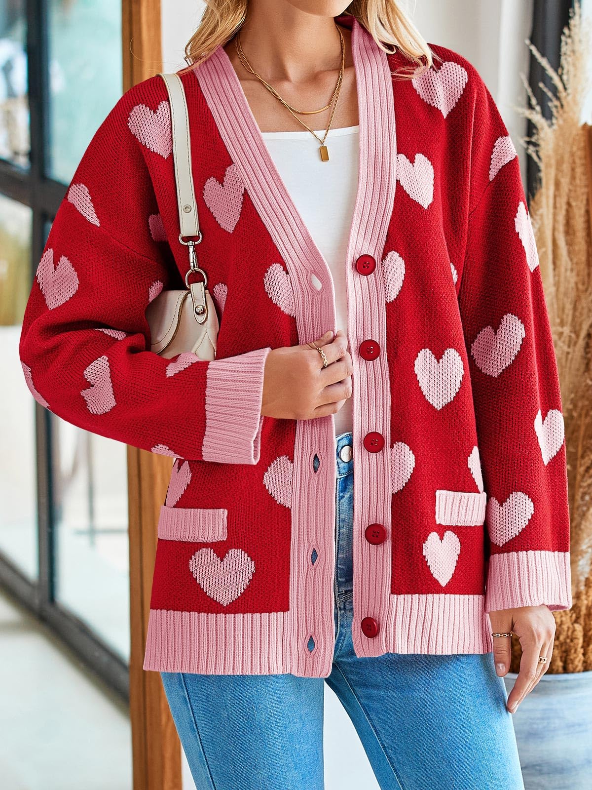 Saodimallsu Womens Oversized Heart Cardigan Color Block V Neck Button Long Sleeve Chunky Valentines Sweaters Black