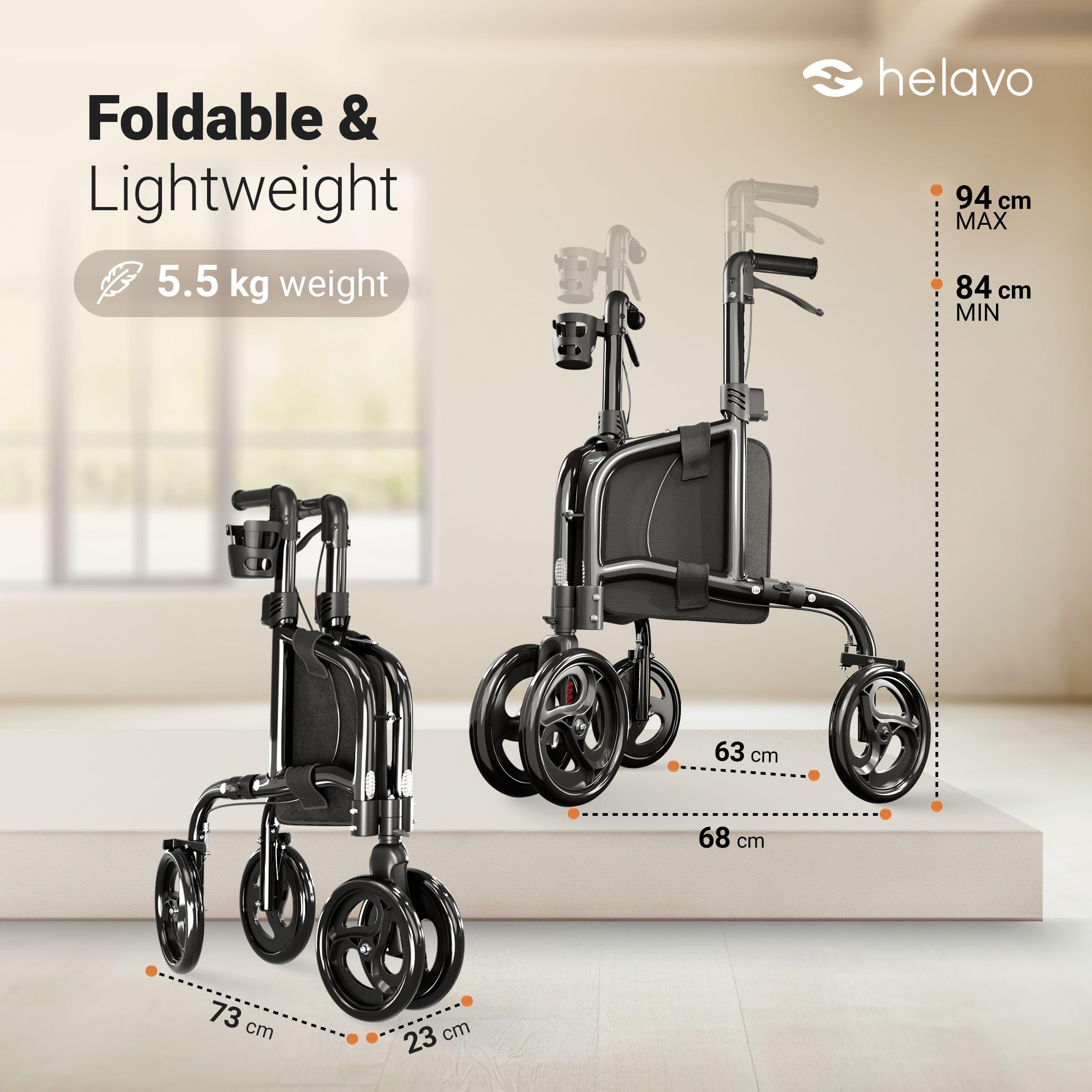 Helavo 3 Wheel Walker for Seniors with Double Front Wheels, Lightweight Foldable Narrow Walker for Small Spaces, Compact Aluminum Mobility Aid with Height Adjustable Handles