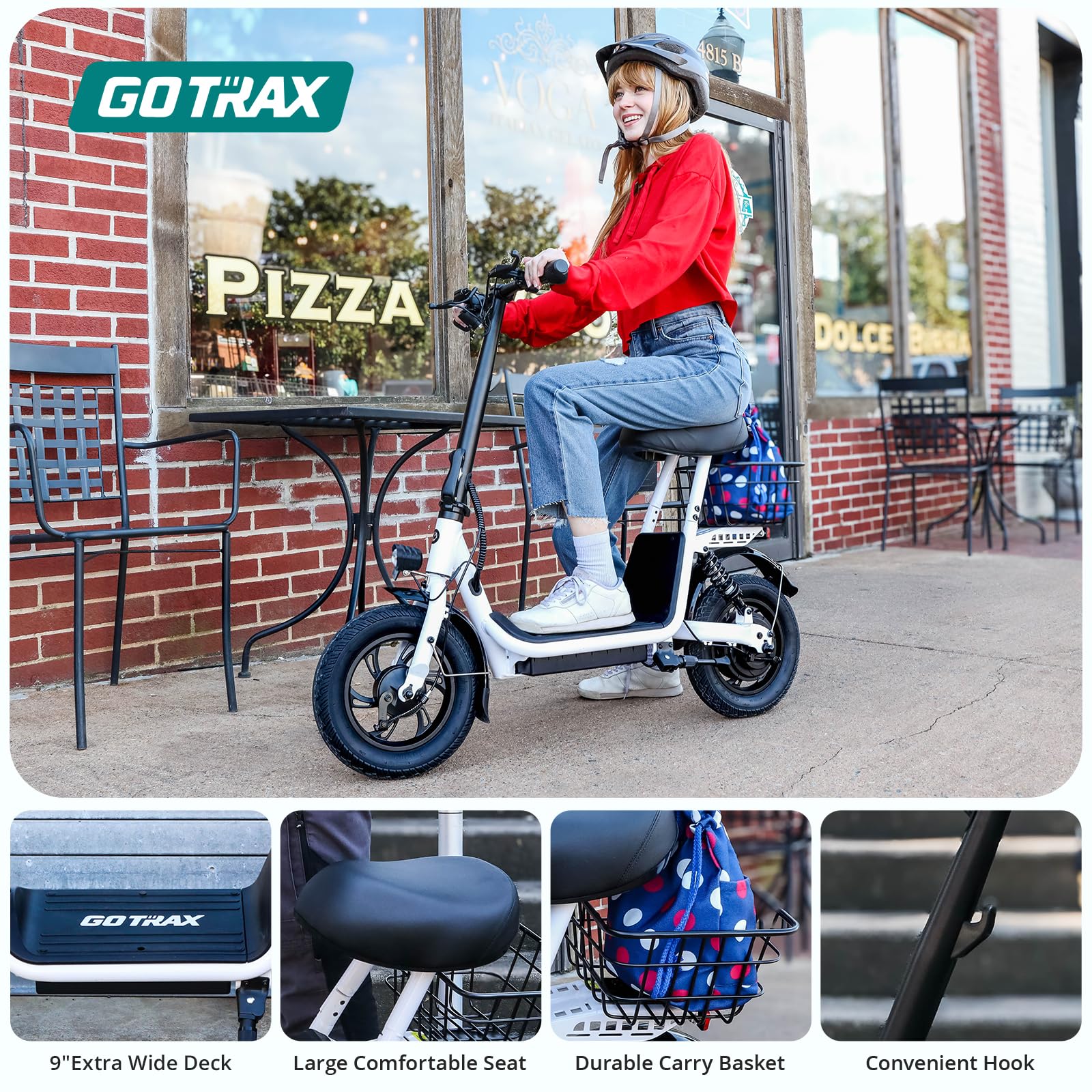 Gotrax A5 Electric Scooter w/Seat for Adults, 12" Pneumatic Tire, Max 15.5 Miles&15.5 Mph Power by 400W Motor, Dual Rear Shock Absorber&Dual Brake, Comfortable Wider Seat&Carry Basket& Hook, Black