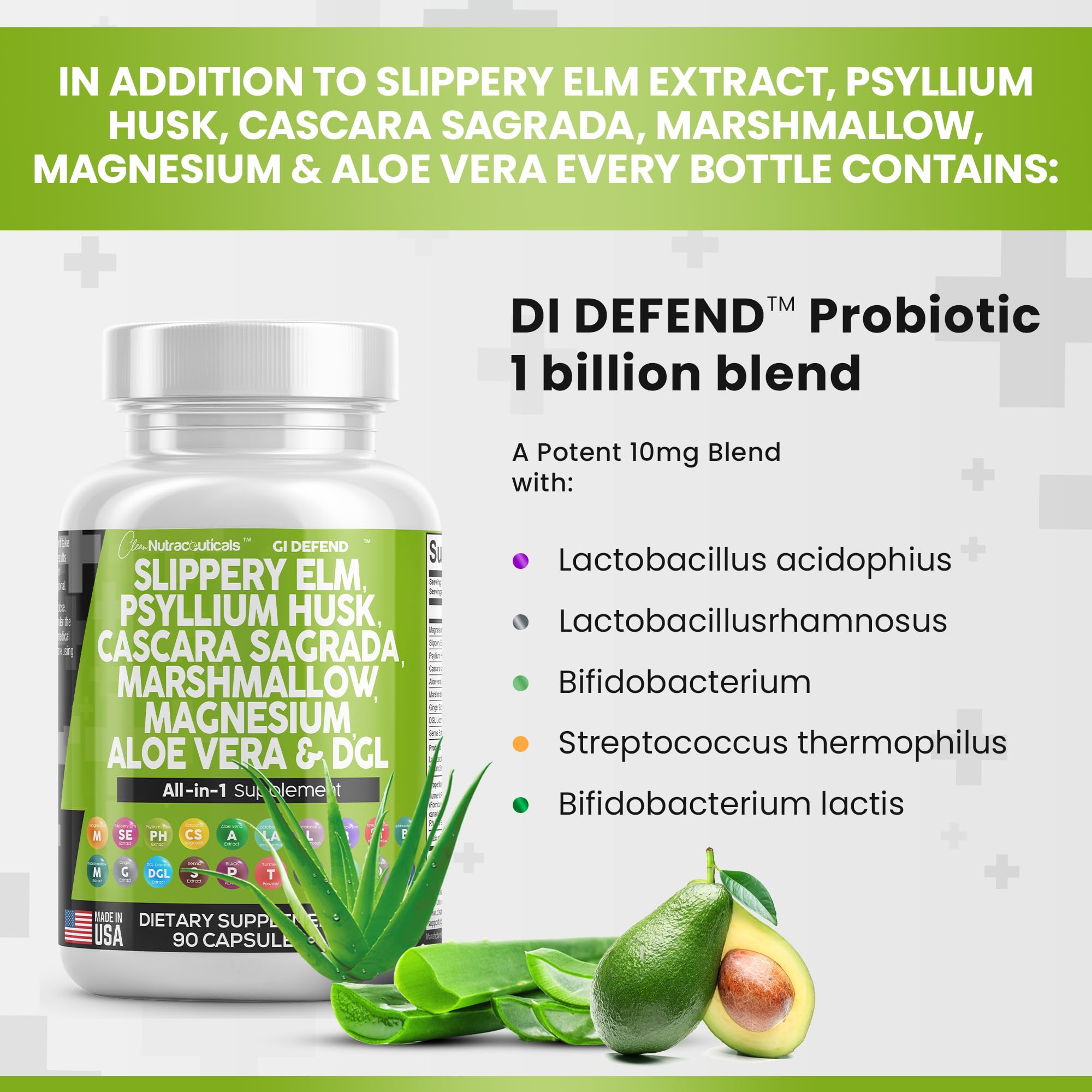 Clean Nutraceuticals Slippery Elm 5000mg Psyllium Husk 2000mg Pre Probiotic Digestive Gut Health Supplement with Aloe Vera Cascara Sagrada 2000mg Marshmallow Root DGL Licorice Senna Extract