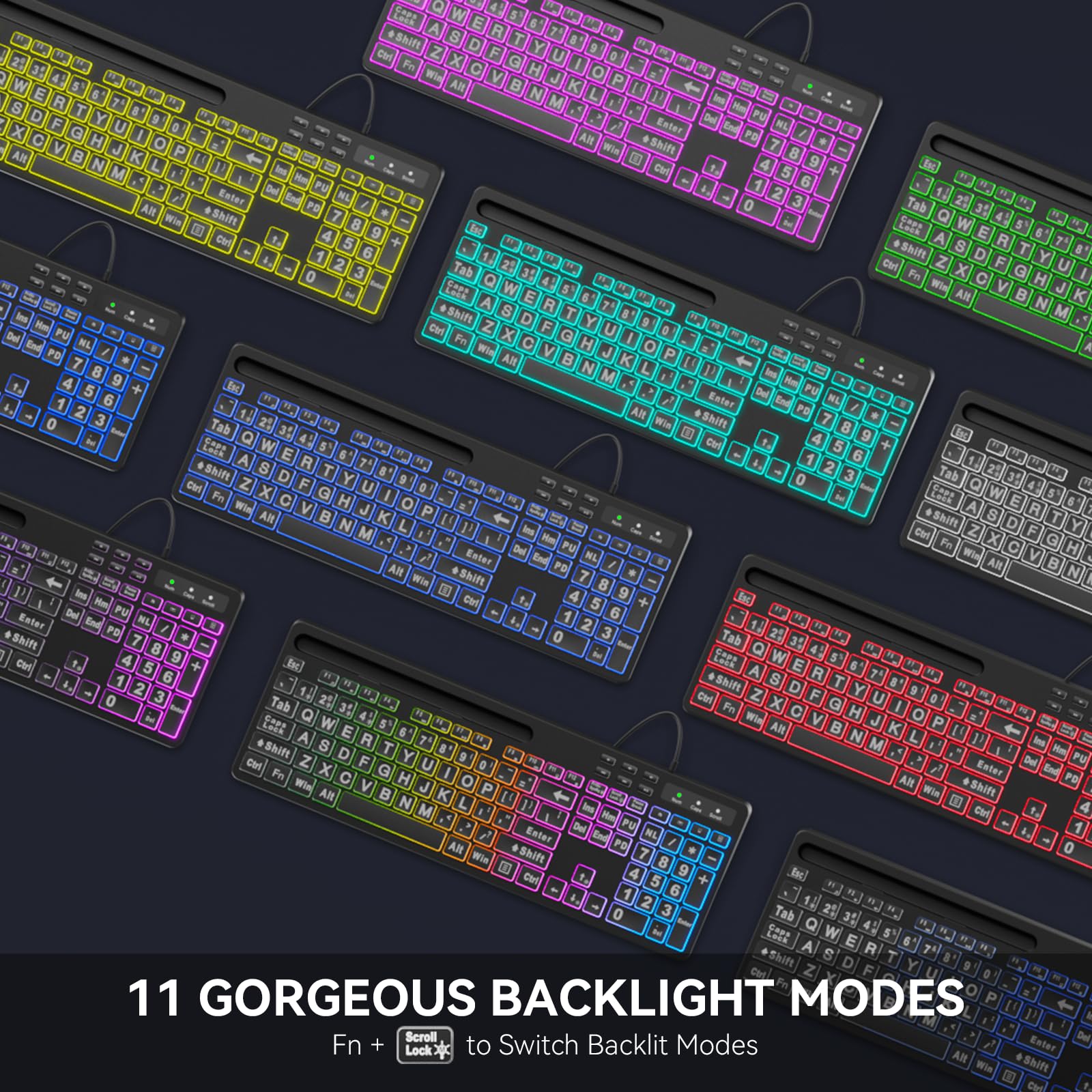 MARVO Large Print Backlit Keyboard, WK712 Wired Computer Keyboard with 7 Colors & 11 Modes Backlight, Silent Light Up Keyboard with Tablet Phone Holder, Full-Size Gaming Keyboard for Windows, Mac