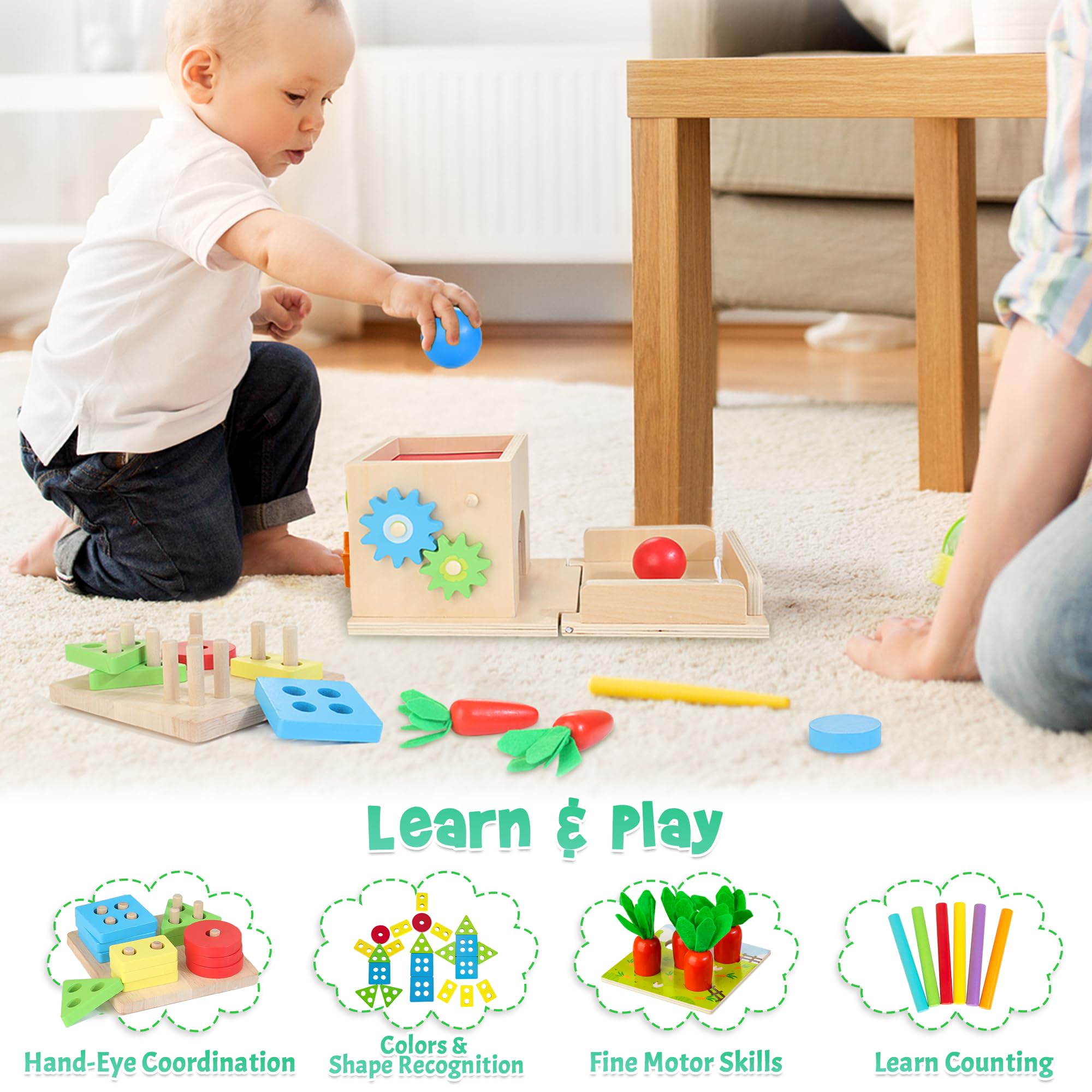 Kizfarm Wooden Montessori Baby Toys, 8-in-1 Wooden Play Kit Includes Object Permanent Box, Coin Box, Carrot Harvest, Shape Sorting & Stacking - Christmas Birthday Gift for Boys Girls Toddlers