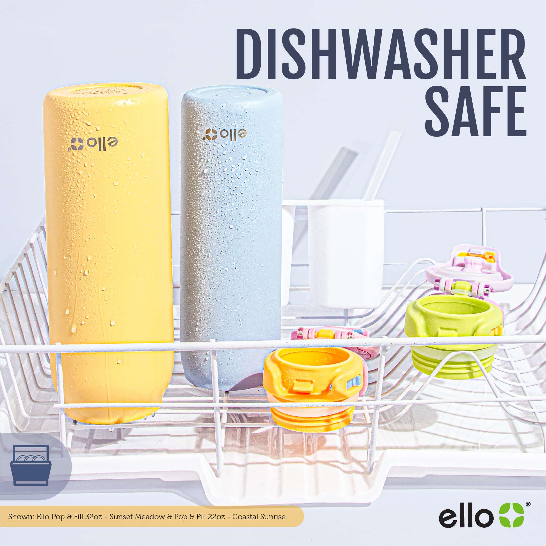 Ello Pop & Fill 22oz Stainless Steel Water Bottle with Quick Fill Technology, Double Walled and Vacuum Insulated Metal, Leak Proof Locking Lid, Sip and Chug, Reusable, BPA Free, Sunset Meadow
