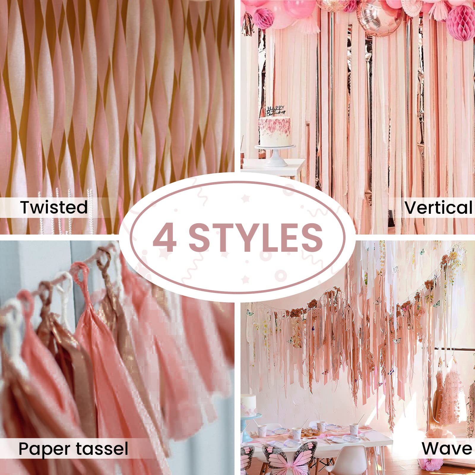 PartyWoo Crepe Paper Streamers 4 Rolls 328ft, Pack of Metallic Rose Gold Crepe Paper for Party Decorations, Wedding Decorations, Birthday Decorations, Baby Shower Decorations (1.8 Inch x 82 Ft/Roll)