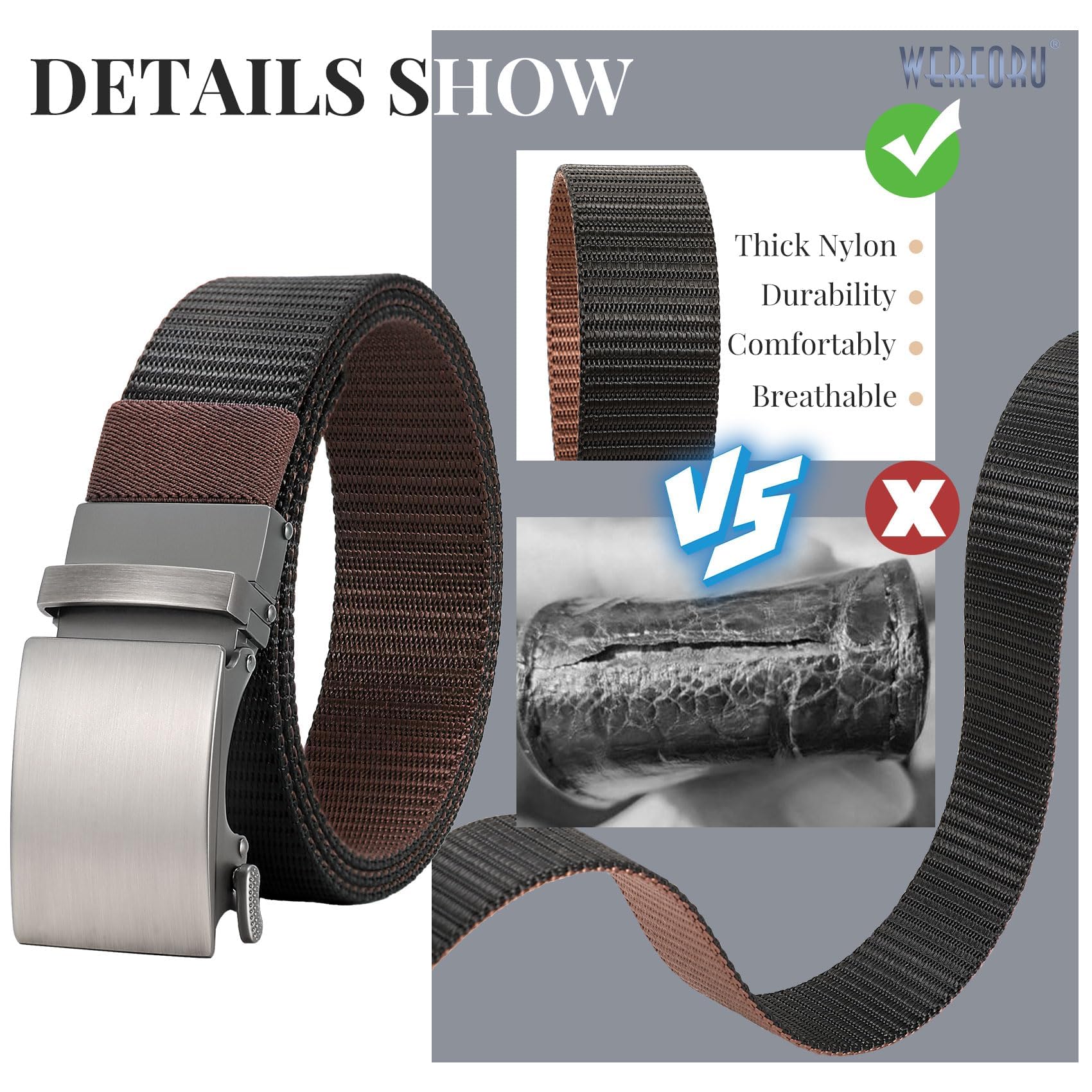 WERFORU Men Ratchet Belts Nylon Belts for Men Reversible Buckle Belt 2-in-1 Belt Casual Belt for Gift (Grey/Black)
