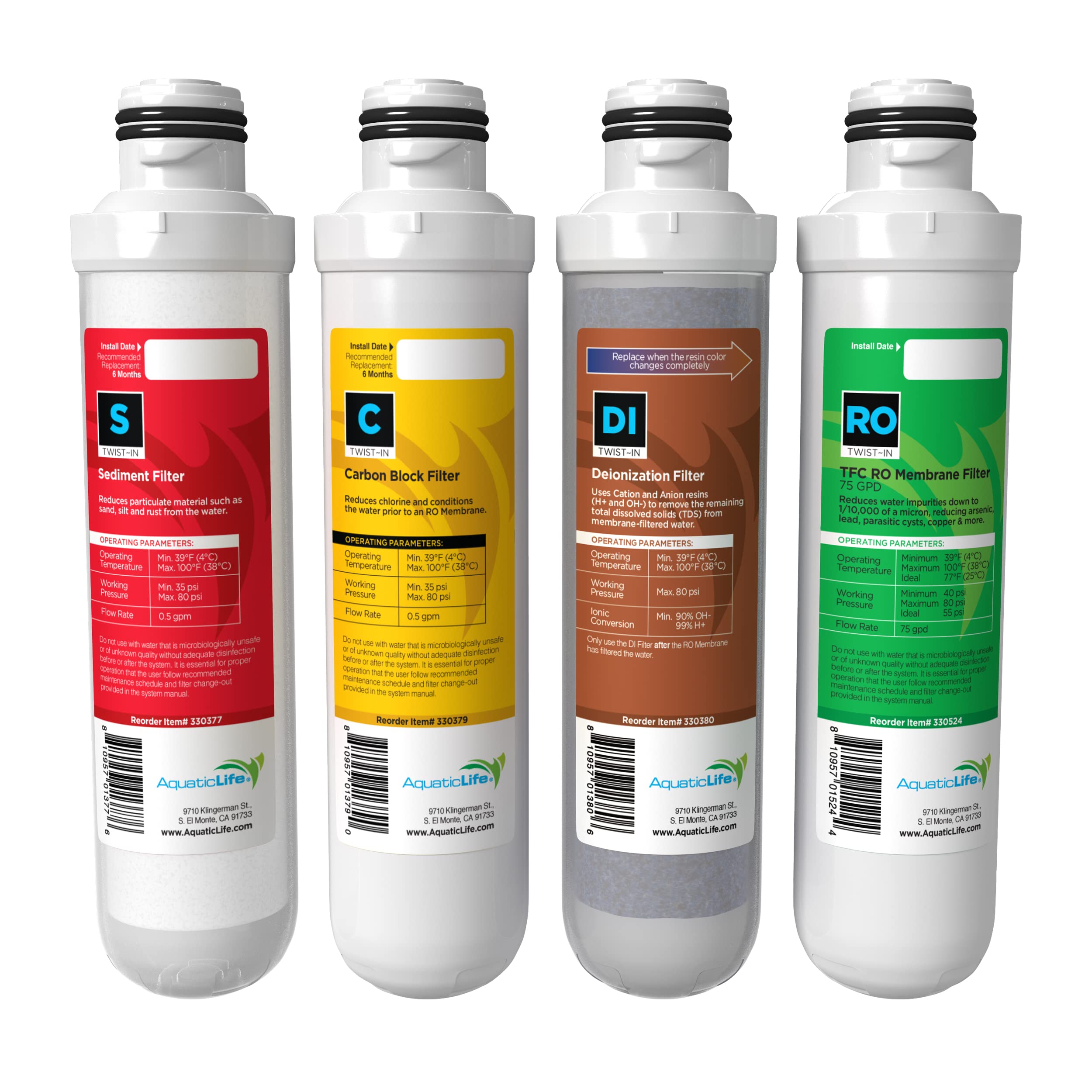 AquaticLife Twist-In Reverse Osmosis Replacement Water Filter Cartridge Pack - Includes 75 GPD Membrane, Sediment, Carbon Block and Deionization for 4-Stage RODI System