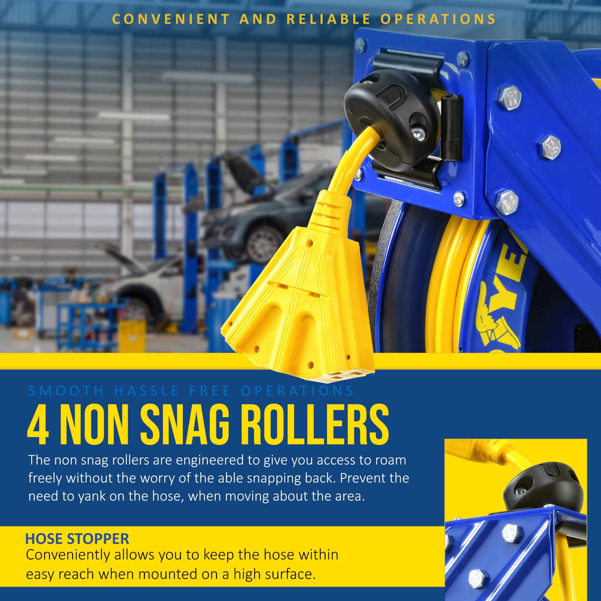 Goodyear Extension Cord Reel Retractable 12AWG x 50' Feet 3C SJTOW Cable Triple Tap Connector Power Rating 125 Volt AC 13 Amp 1625 Watt Industrial Steel Single Arm