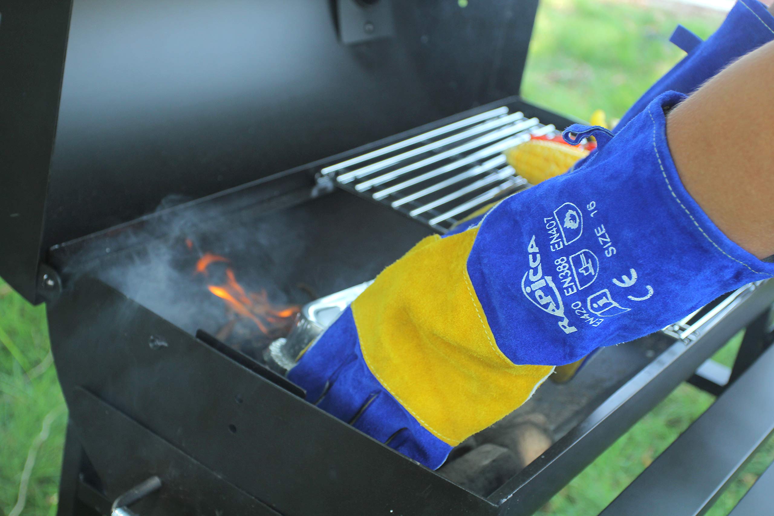 RAPICCA Welding Gloves Fire Heat Resistant: Blue 16IN 932℉ - Fireproof Leather For Stick Mig Flux-Core Welder Forge Blacksmith Fireplace Wood Stove Fire Pit Furnace Handling Dry ice - One Size