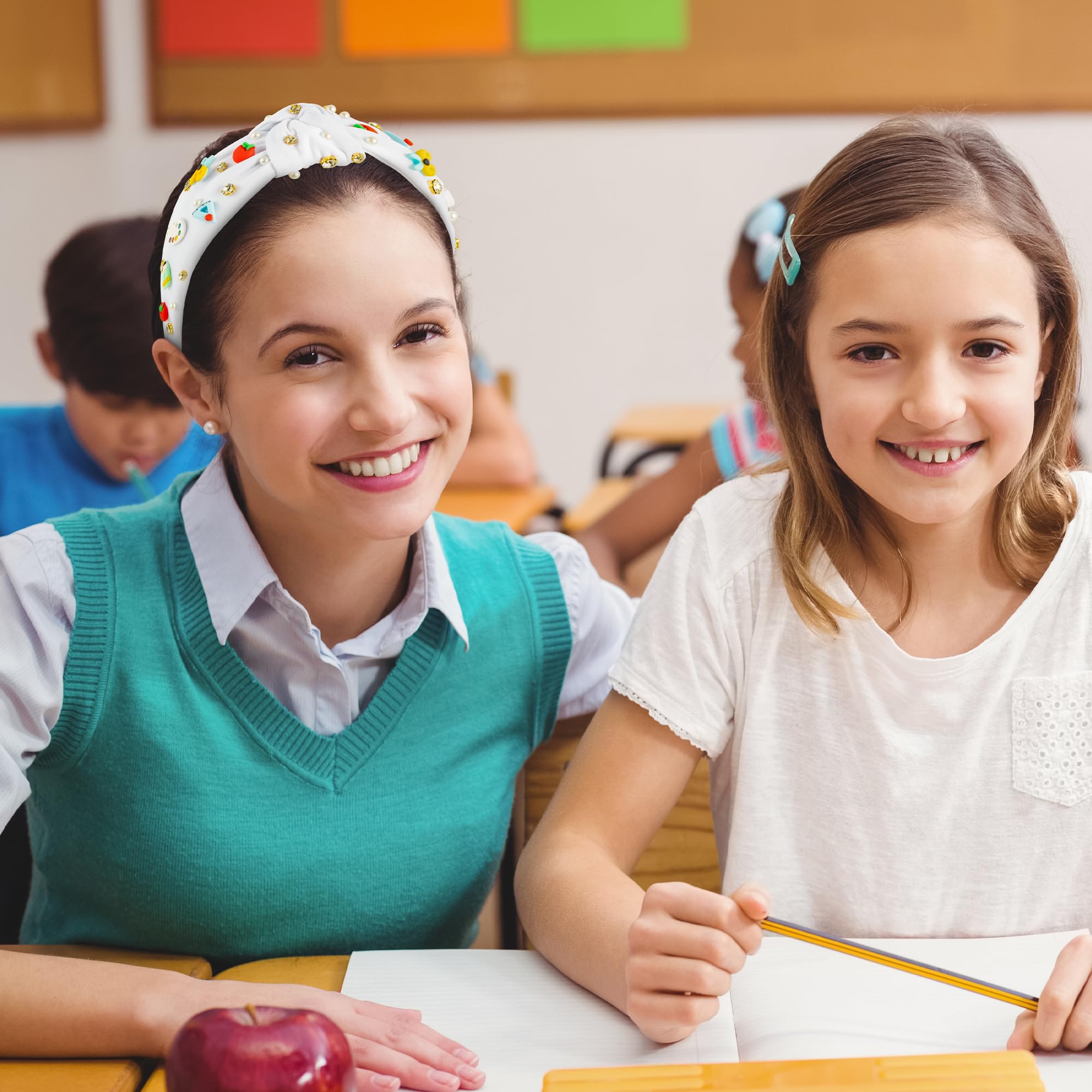 PANTIDE Teacher Jeweled Knotted Headband - Back To School Gift Apple Pencil Rhinestone Pearl Embellished Headband Wide Top Knot Hair Accessories Teacher Appreciation Birthday for Women Girls (White)