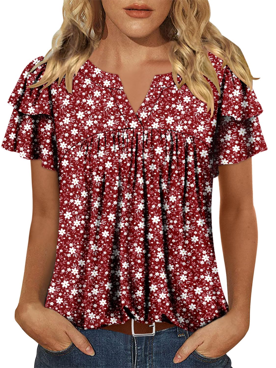 BETTE BOUTIK womens tops summer crewneck ruffle short sleeve blouses for women cute tops for women TomatoRed 3X-Large