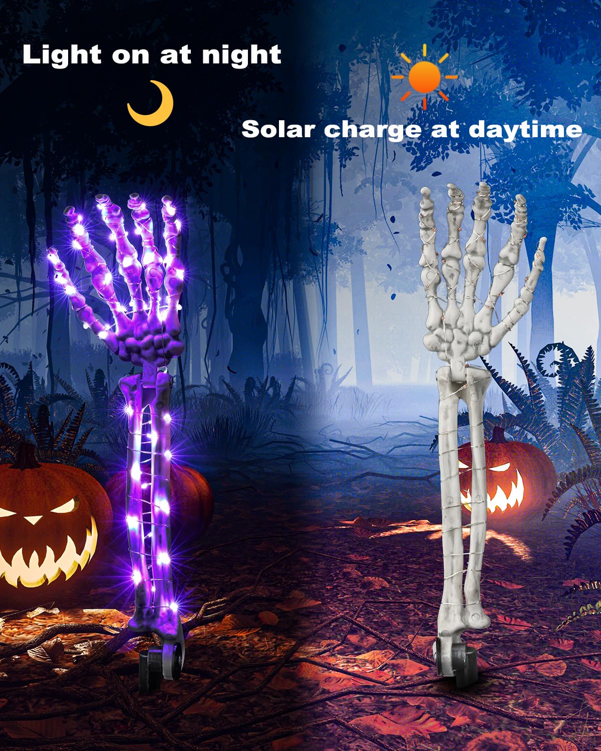 Solar Halloween Decorations Skeleton Hands - 100 LED Fairy Lights 2 pcs Skeleton Hand Stakes with 8 Lighting Modes Waterproof for Halloween Deocr Outdoor (Orange & Purple)