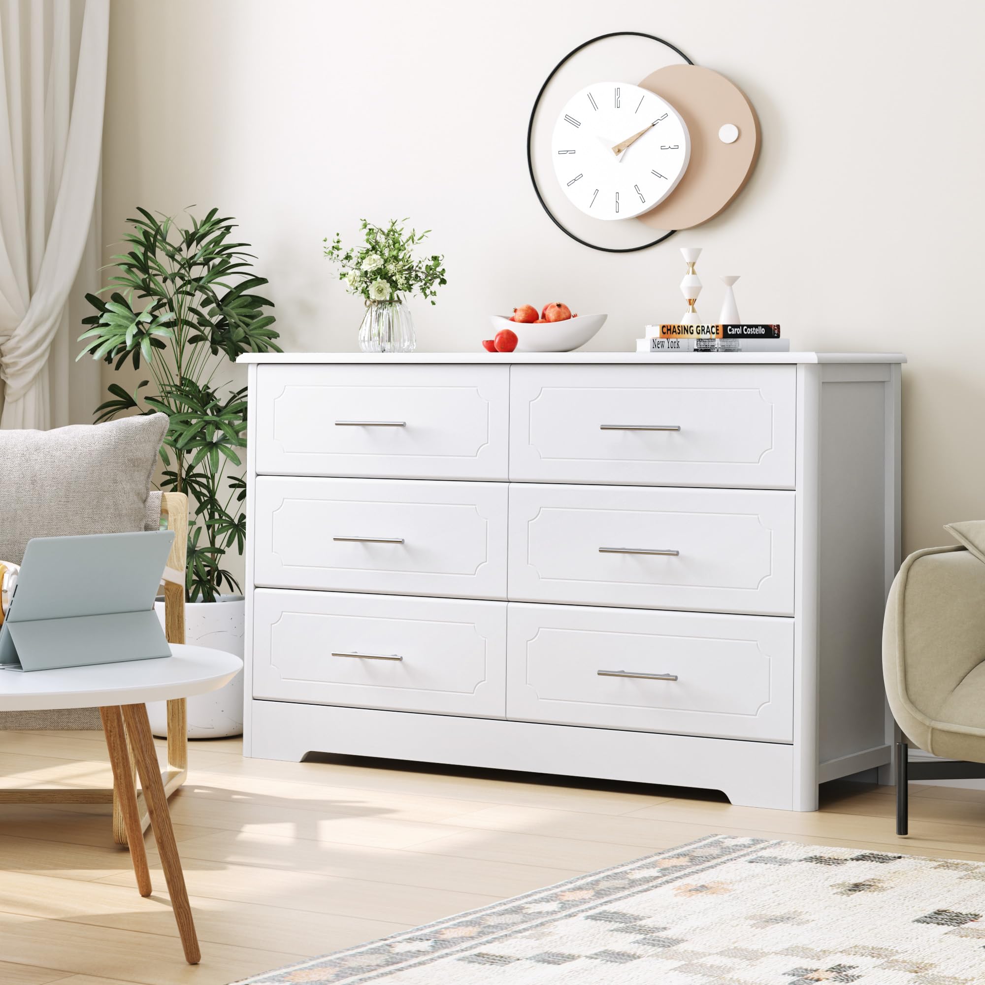 HOSTACK 6 Drawer Dresser, Modern White Wide Chest of Drawers with Metal Handels, Wood Double Dresser, Storage Chest Organizers for Living Room, Hallway, Entryway, White
