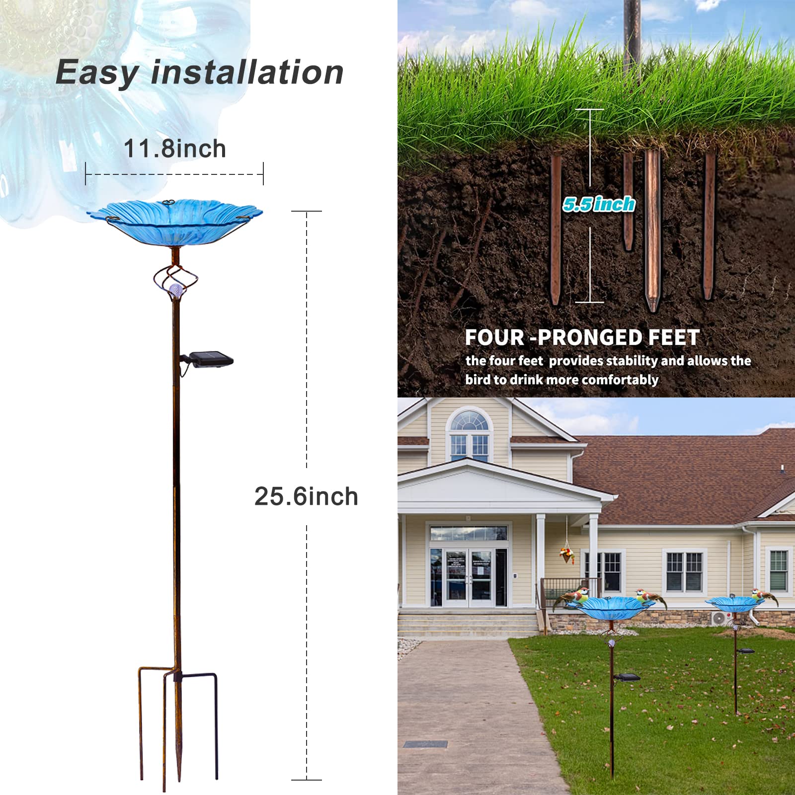 Homight Solar Glass Blue Bird Bath, Yard Art,Garden Outdoor Birdbath with Metal Stake with White LED Light Metal Stake Garden Decor Gifts
